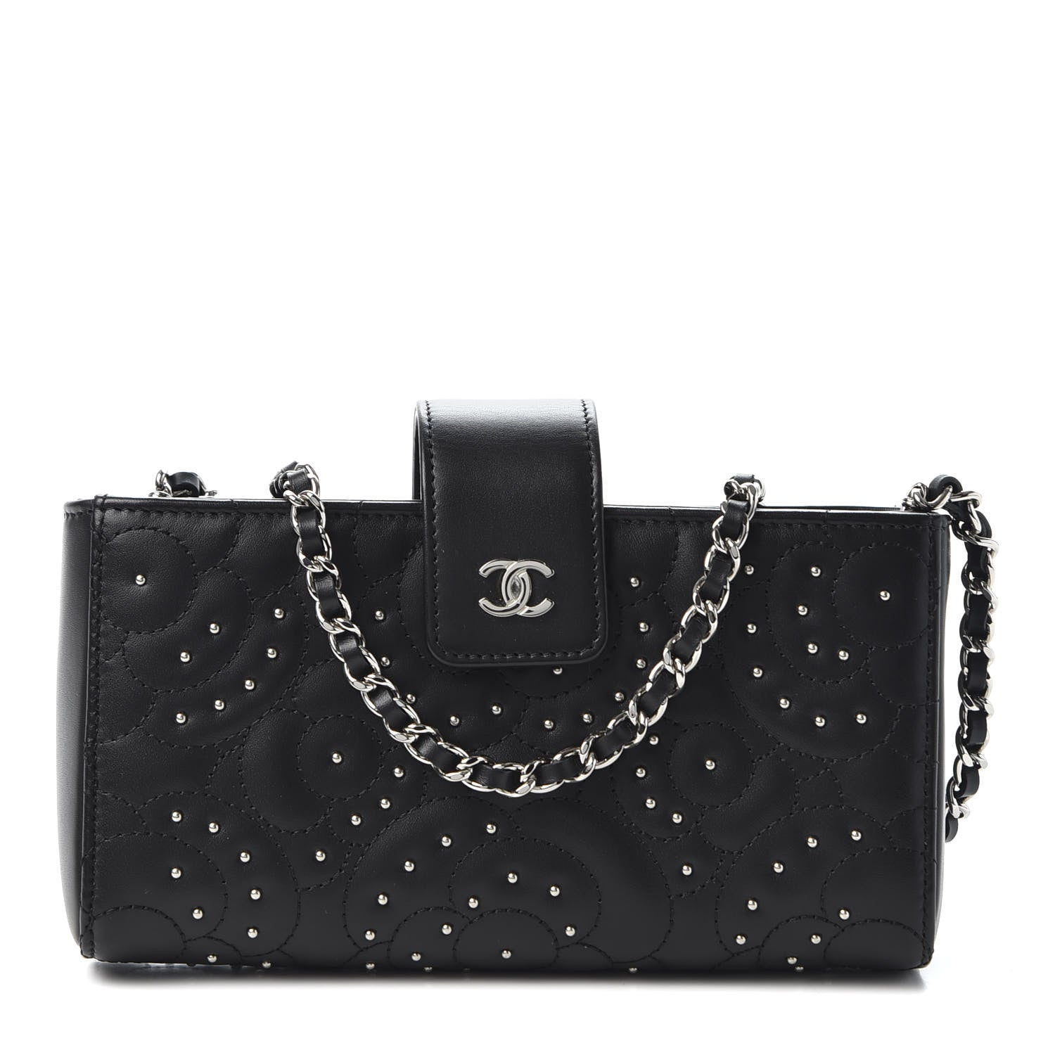 Chanel Lambskin Camellia Studded Clutch With Chain Black 1 of 11