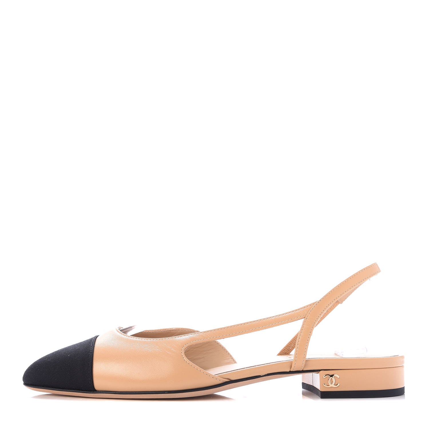 Chanel Lambskin Grosgrain Cap Toe CC Slingback Sandals 37 Beige Black 1 of 10