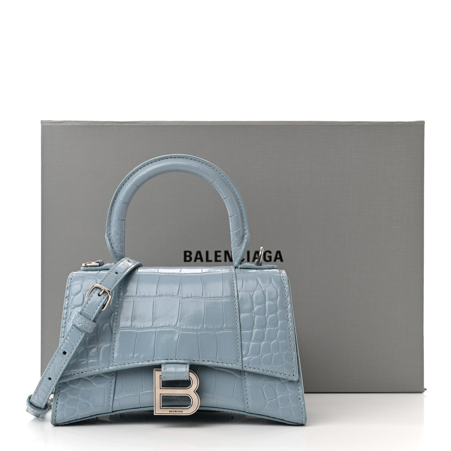 Balenciaga Shiny Calfskin Crocodile Embossed Hourglass Top Handle Bag XS Blue Grey 15 of 15