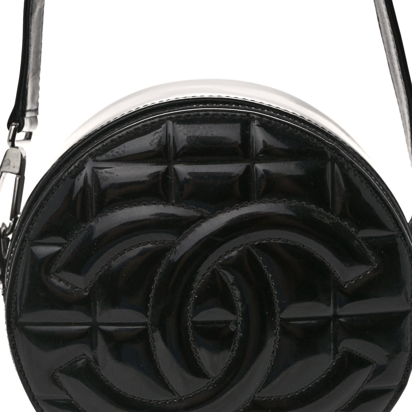 Patent Quilted CC Chocolate Bar Round Shoulder Bag Black