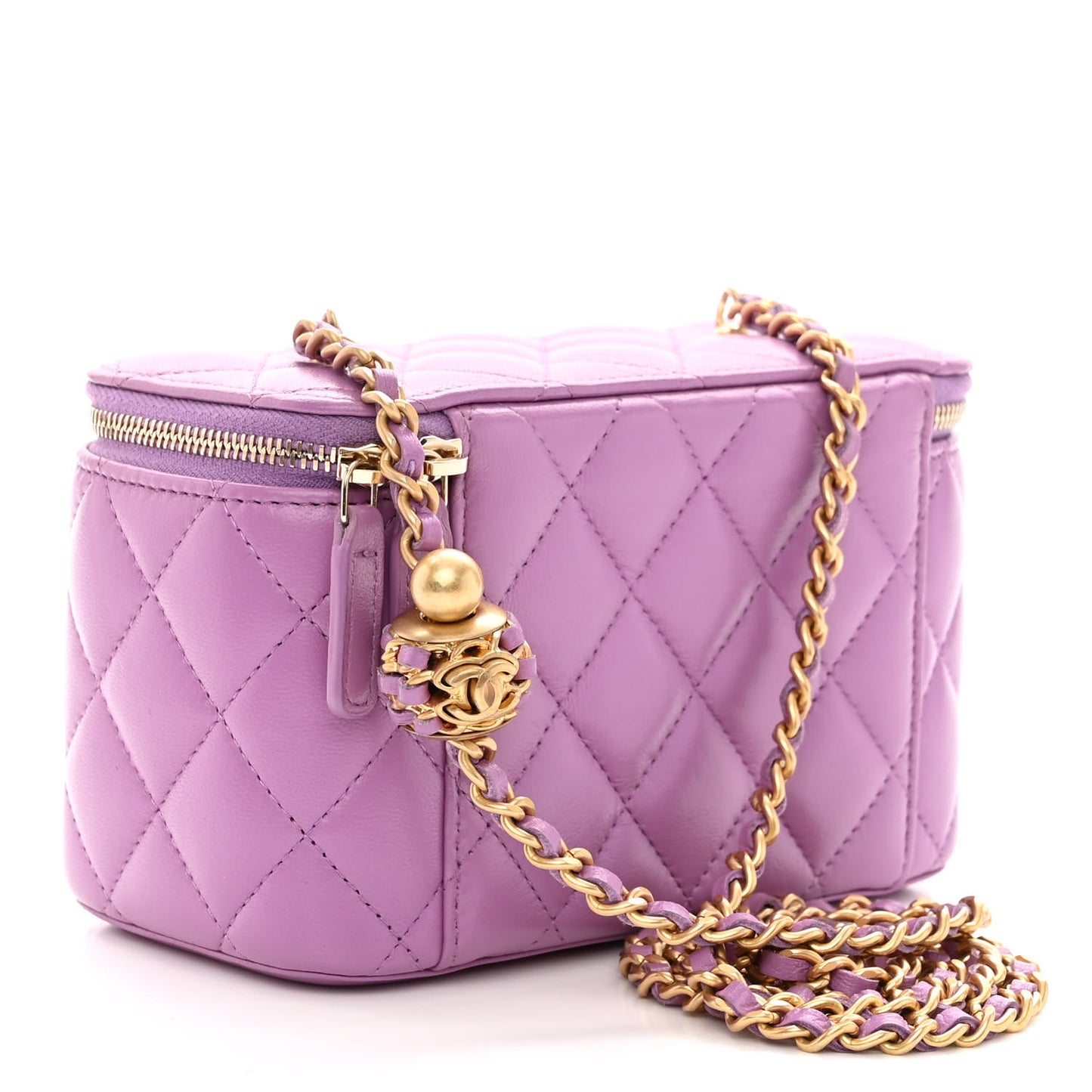 Lambskin Quilted Pearl Crush Small Vanity Case With Chain Purple