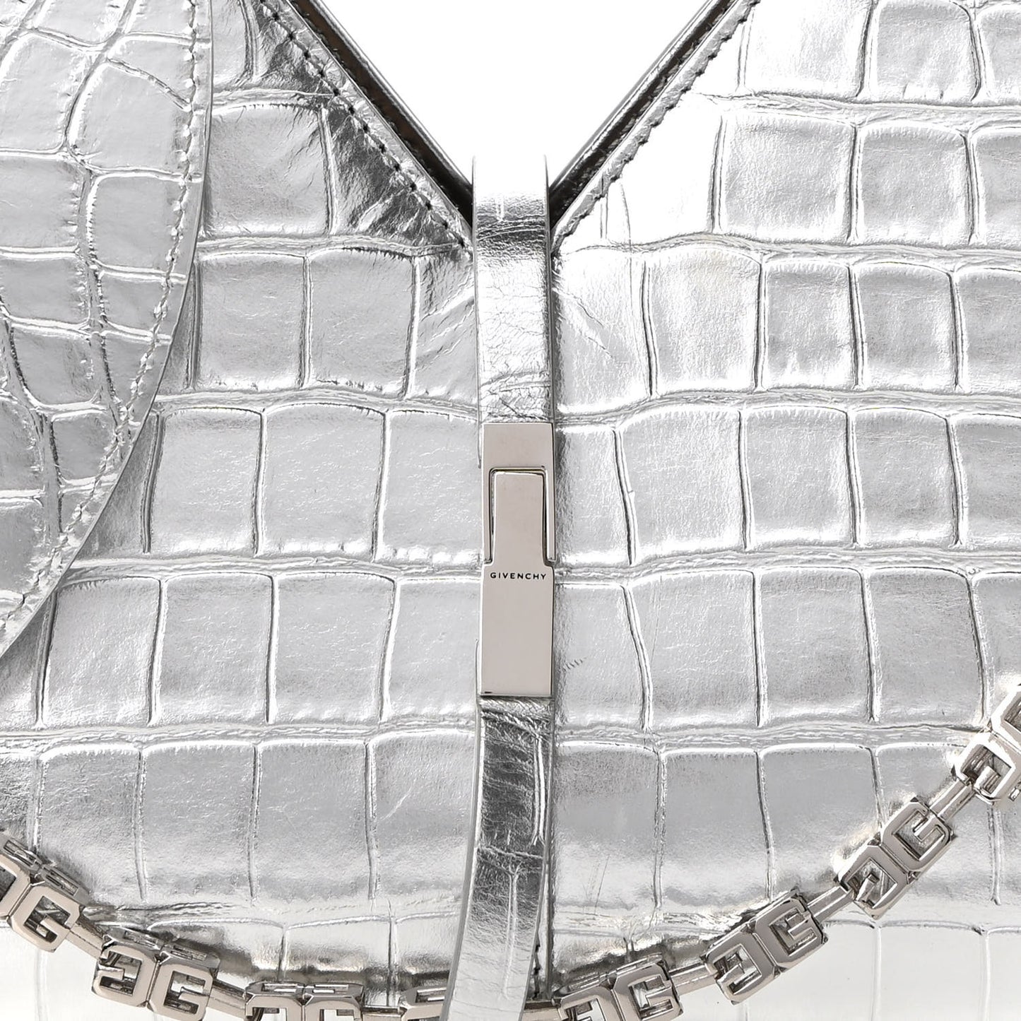 Metallic Calfskin Croc Embossed Small Cut Out Shoulder Bag Silver