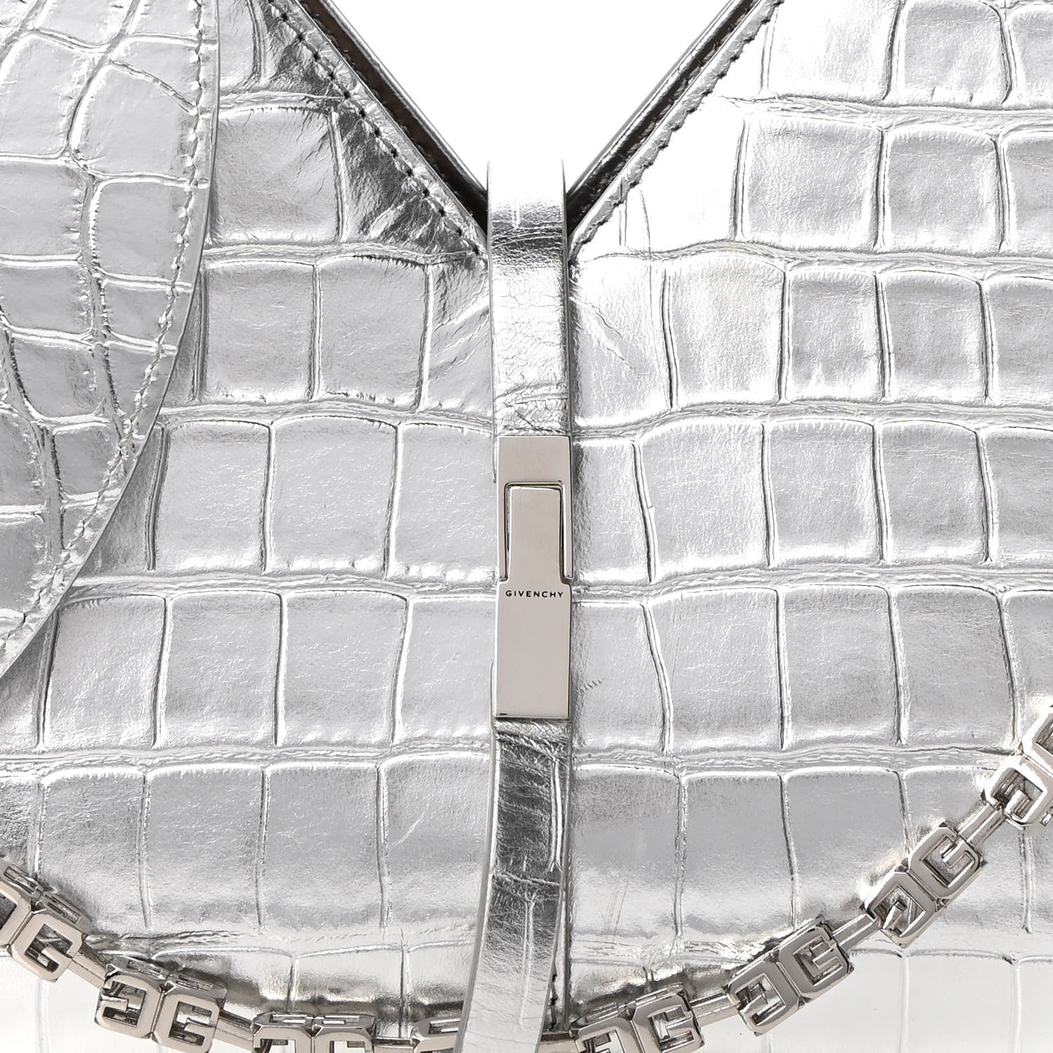 Givenchy Metallic Calfskin Croc Embossed Small Cut Out Shoulder Bag Silver 7 of 8