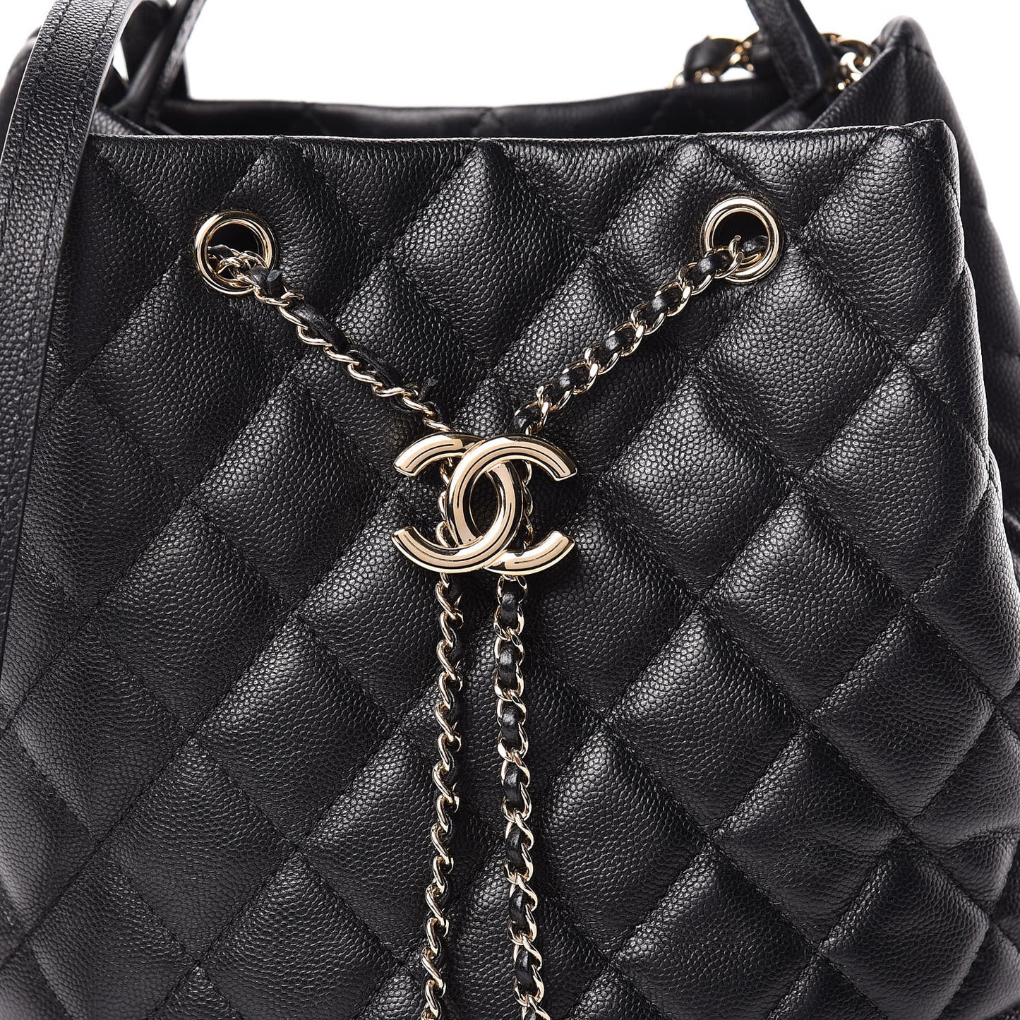 Caviar Quilted Large Rolled Up Bucket Drawstring Bag Black
