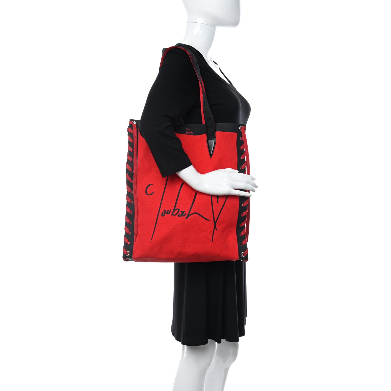 Christian Louboutin Braided Canvas Mini Cabalace Shopper Tote Red Black 2 of 10