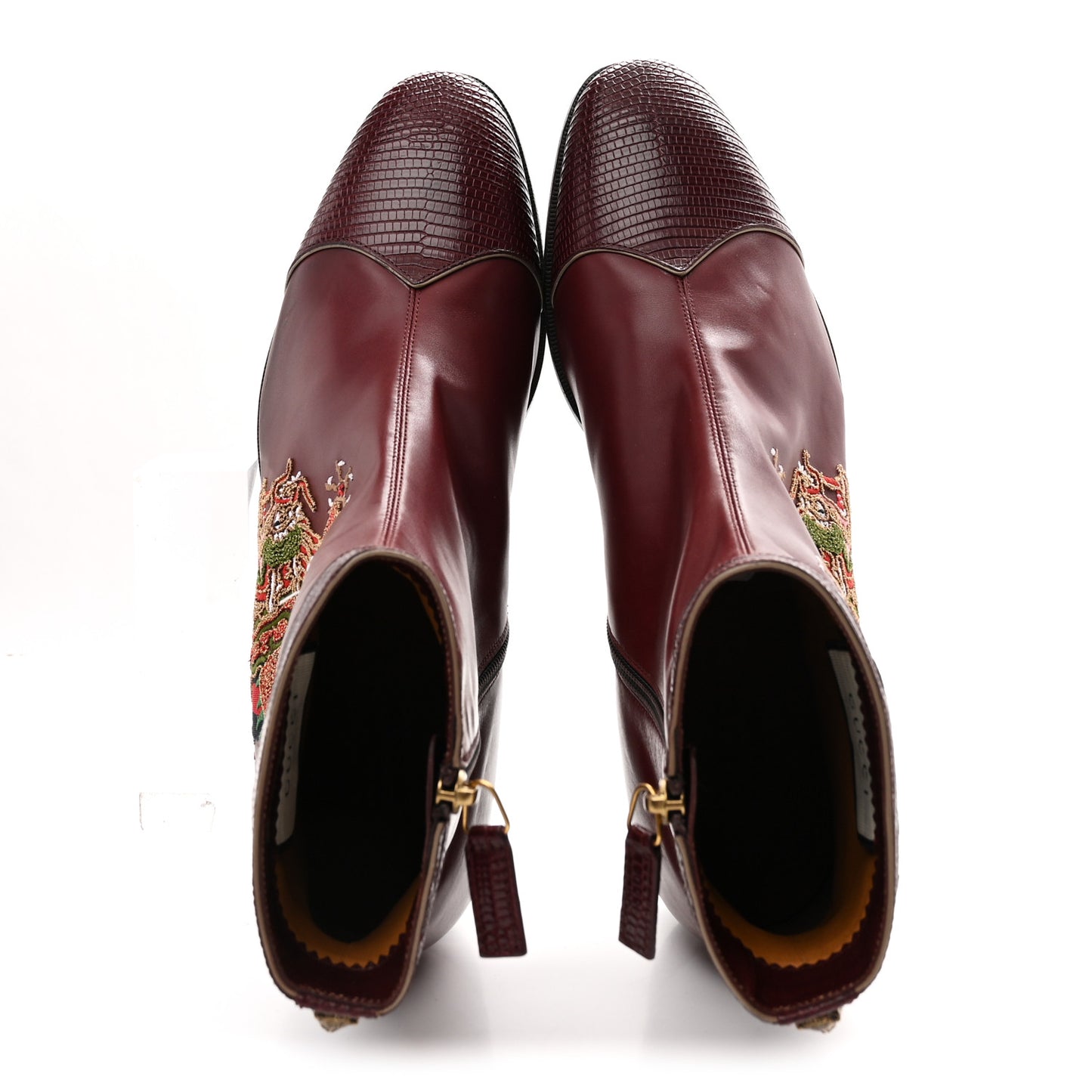 Calfskin Malaga Kid Lizard Web Dragon Embroidered Ankle Boots 8.5 Bordeaux
