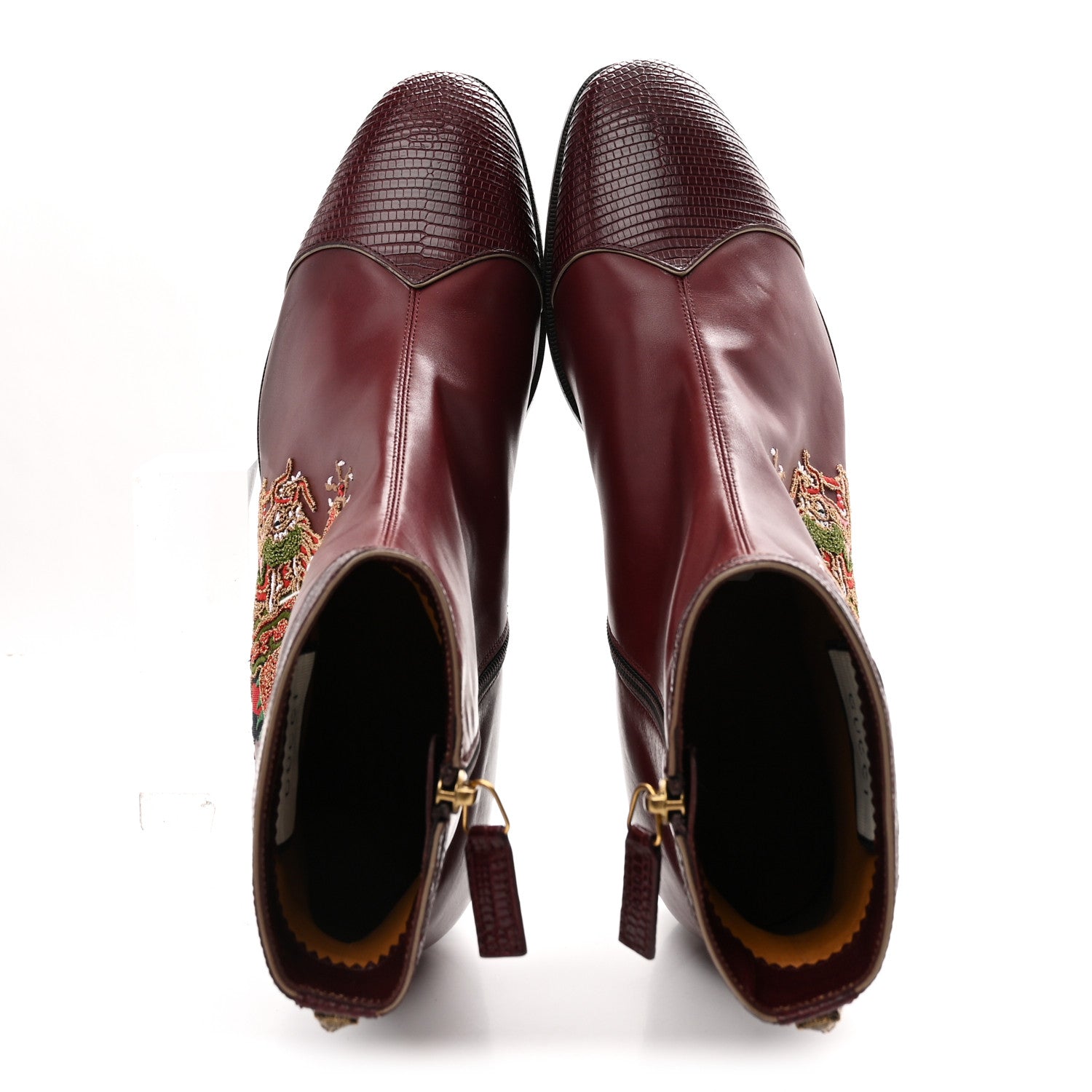 Gucci Calfskin Malaga Kid Lizard Web Dragon Embroidered Ankle Boots 8.5 Bordeaux 2 of 10