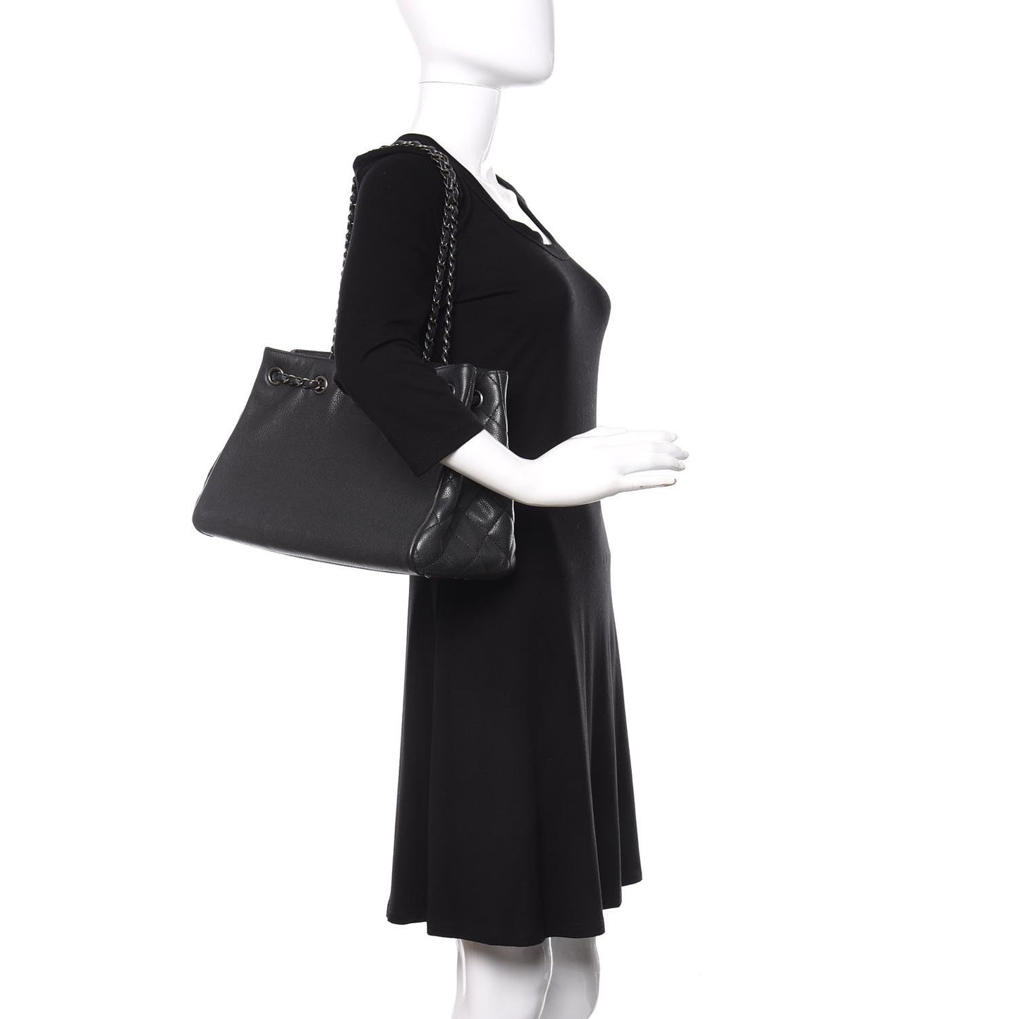 Metallic Grained Calfskin Medium Woven Chain Shopping Tote Black