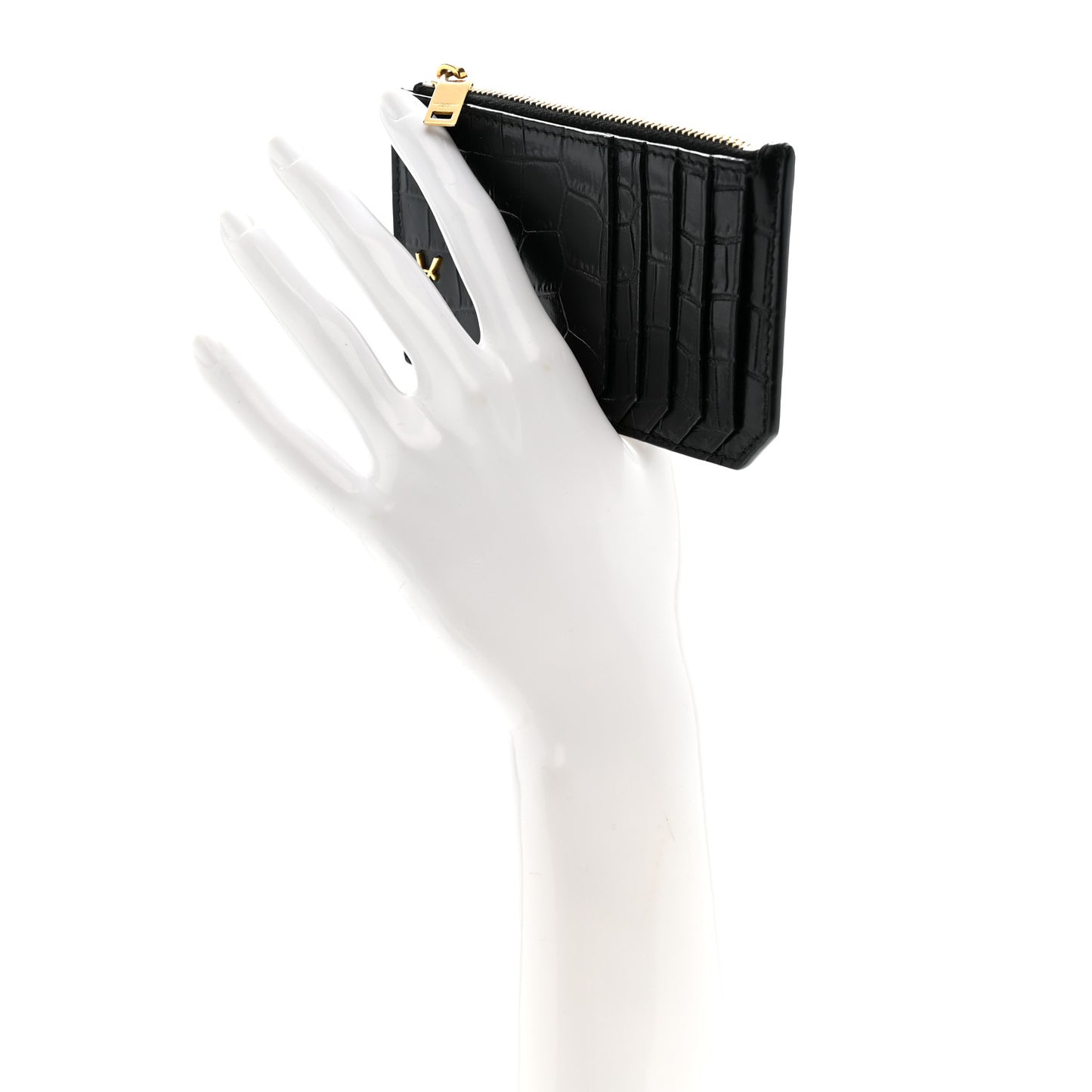 Calfskin Crocodile Embossed 5 Fragments Zip Pouch Card Holder Black