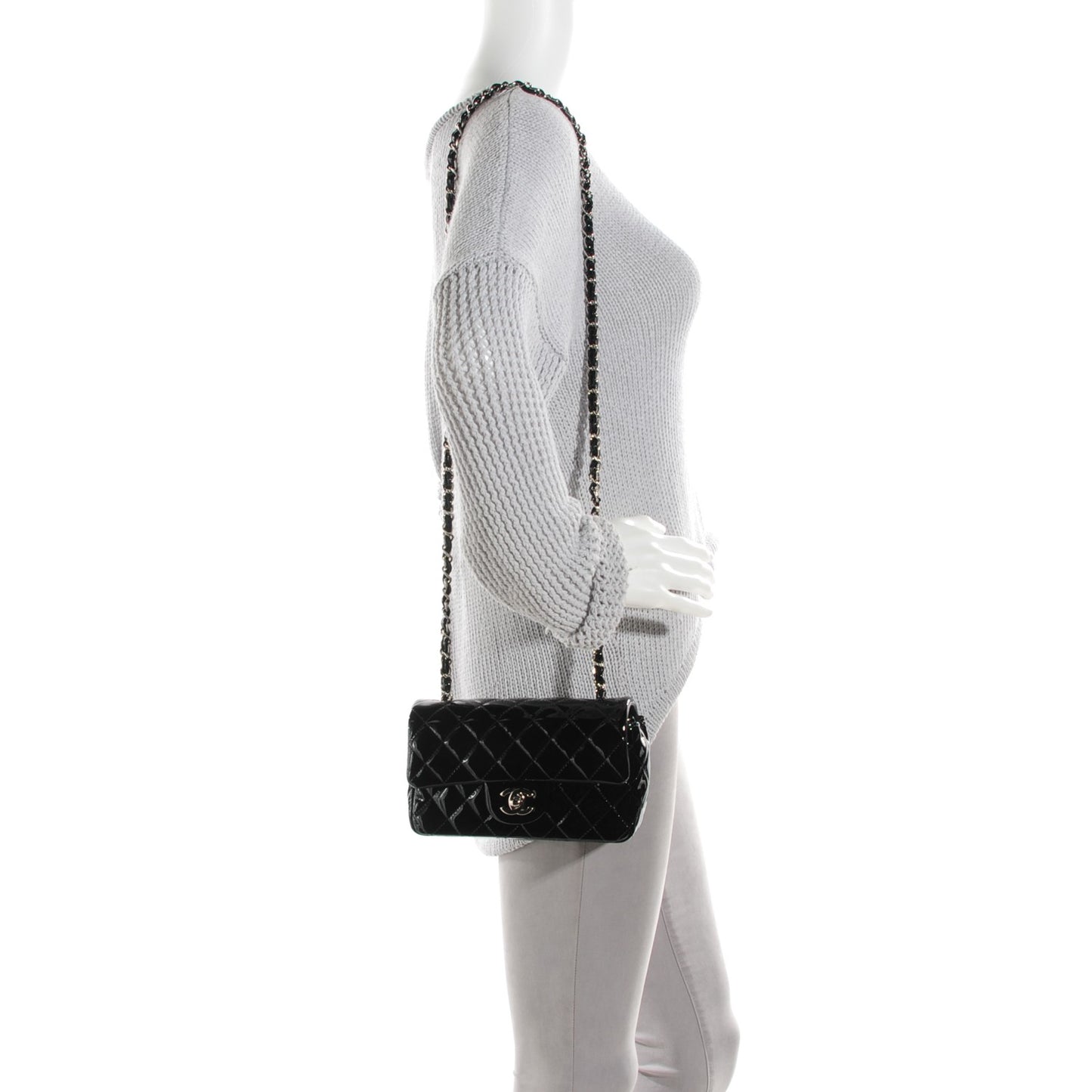 Patent Calfskin Quilted Mini Rectangular Flap Black