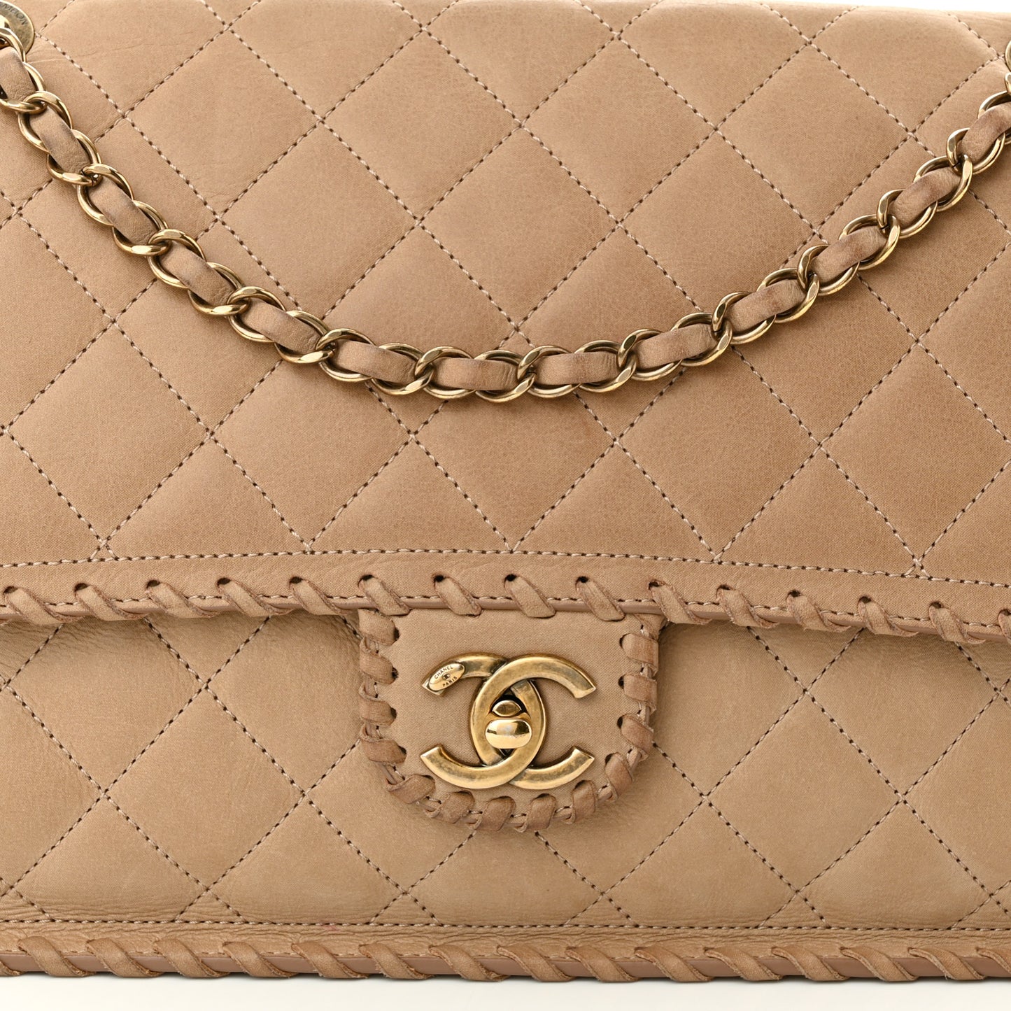 Iridescent Calfskin Jumbo Happy Stitch Flap Beige