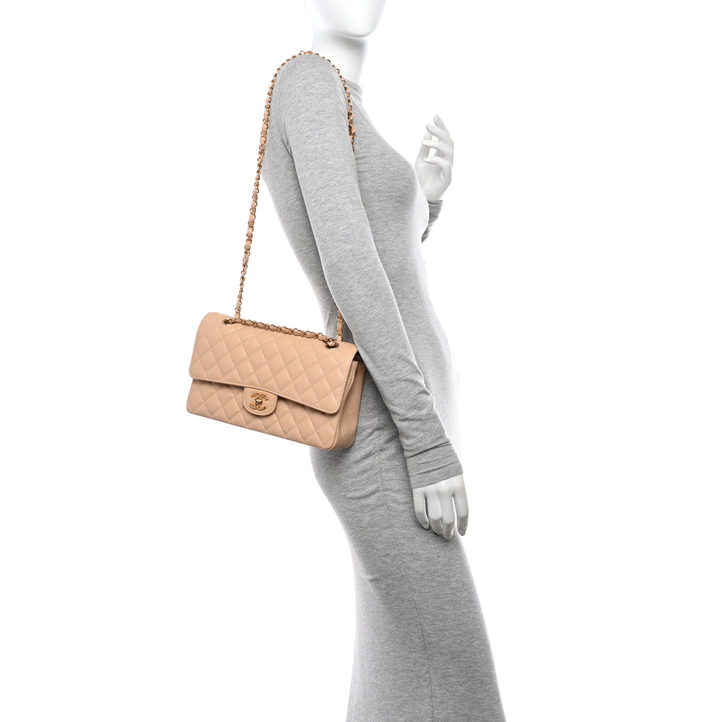 Caviar Quilted Medium Double Flap Beige