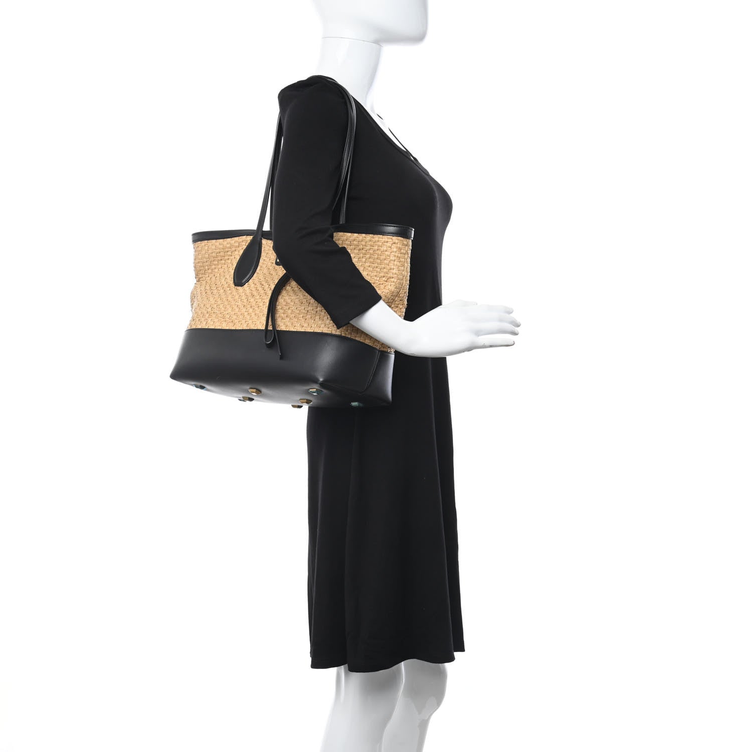 Salvatore Ferragamo Woven Raffia Calfskin The Studio Tote Beige Black 2 of 19