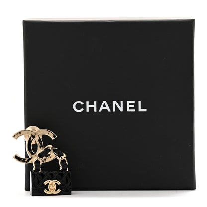 Chanel Metal Enamel CC Quilted Flap Brooch Gold Black 4 of 4