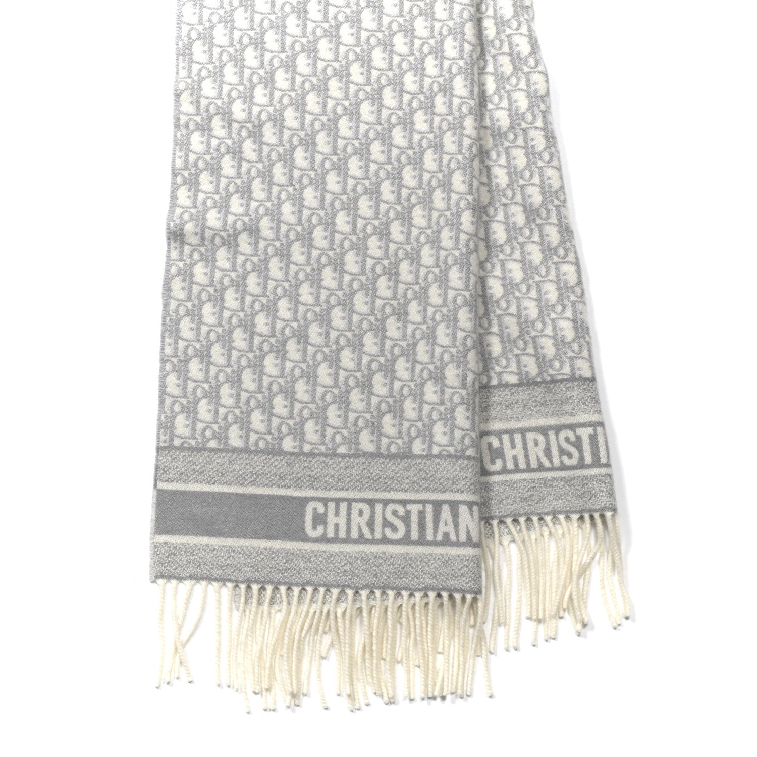 Christian Dior Cashmere Oblique Fringed Scarf Grey 2 of 3