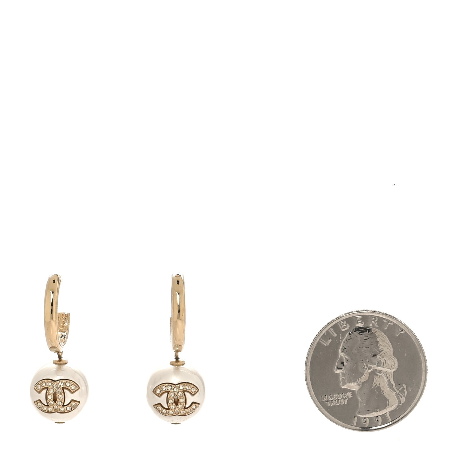 Crystal Pearl CC Hoop Drop Earrings Gold White
