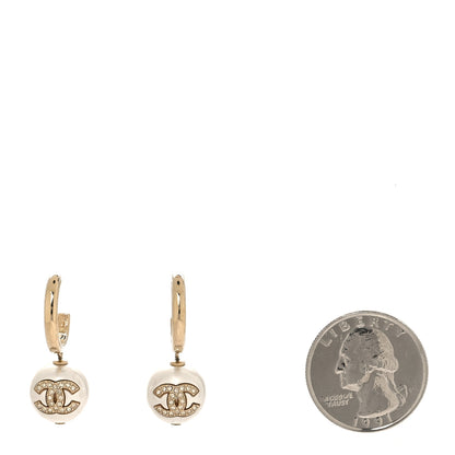 Chanel Crystal Pearl CC Hoop Drop Earrings Gold White 2 of 5