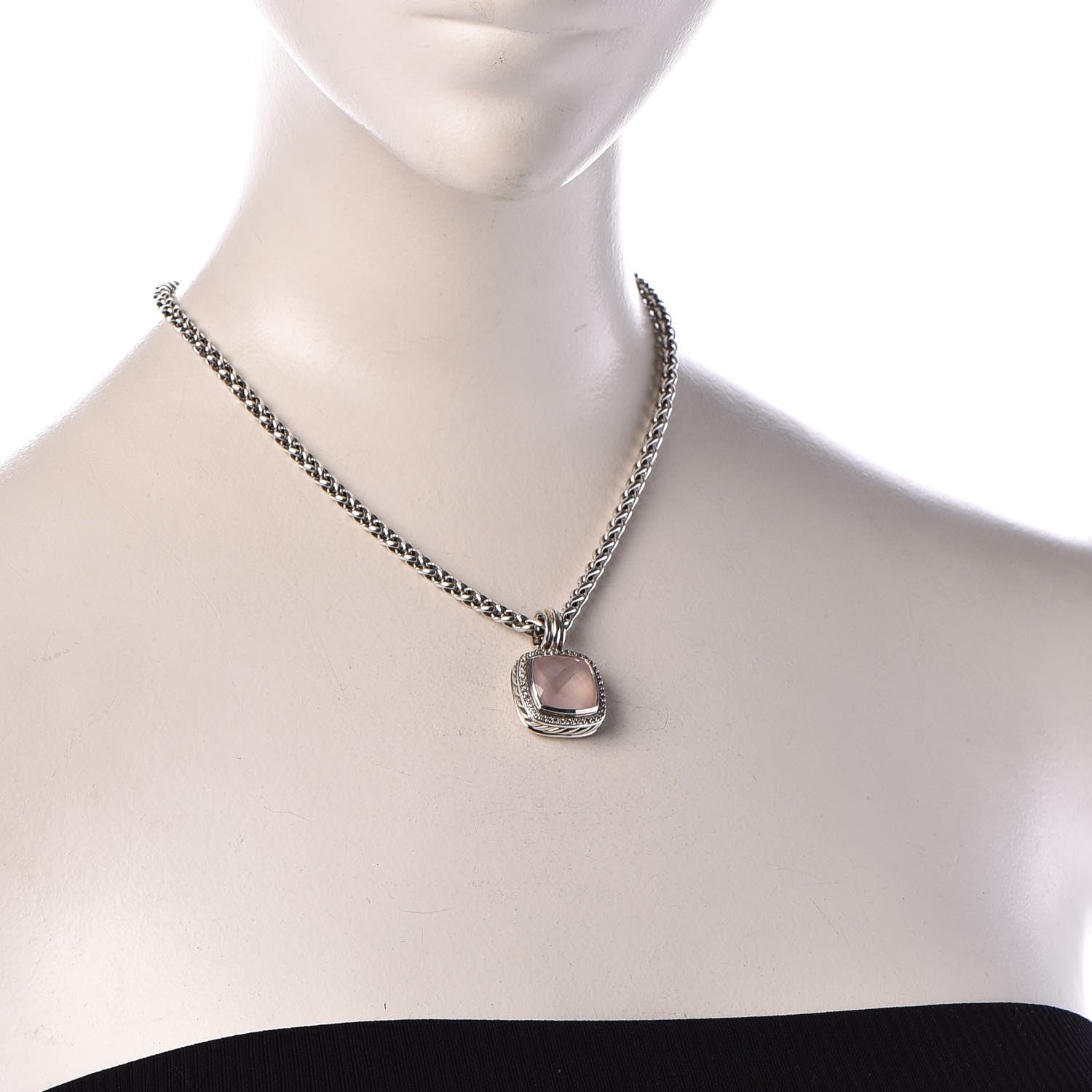 David Yurman Sterling Silver Pave Diamond Rose Quartz 14mm Albion Enhancer Pendant Necklace 2 of 9