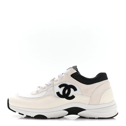 Chanel Mesh Suede Calfskin Grained Calfskin Womens CC Sneakers 41 White Black 1 of 8