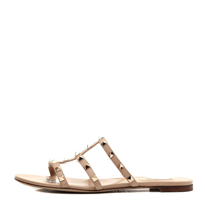 Valentino Garavani Calfskin Rockstud Caged Flat Slide Sandals 41.5 Poudre 1 of 7