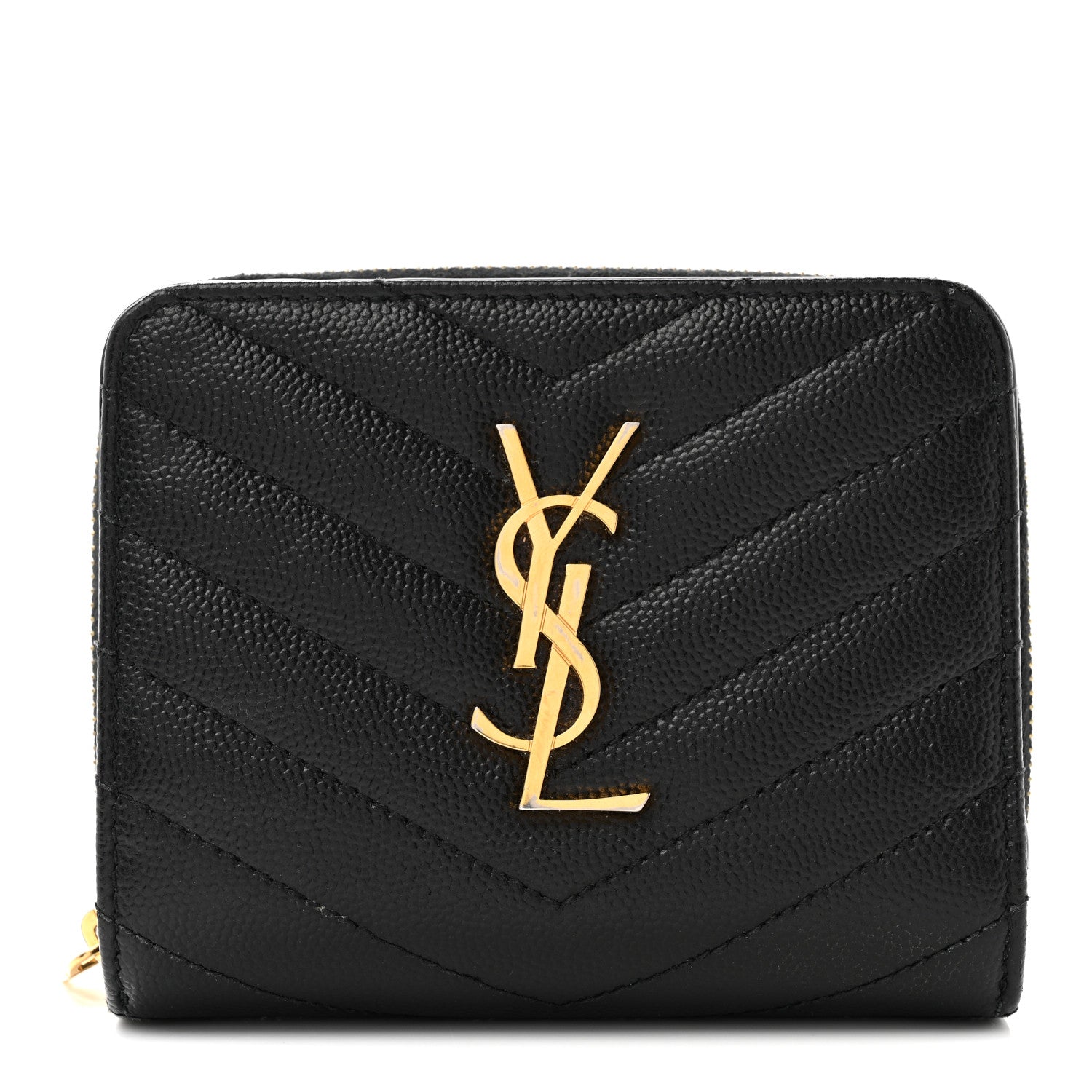 Saint Laurent Grain De Poudre Matelasse Chevron Monogram Compact Zip Around Wallet Black 1 of 9