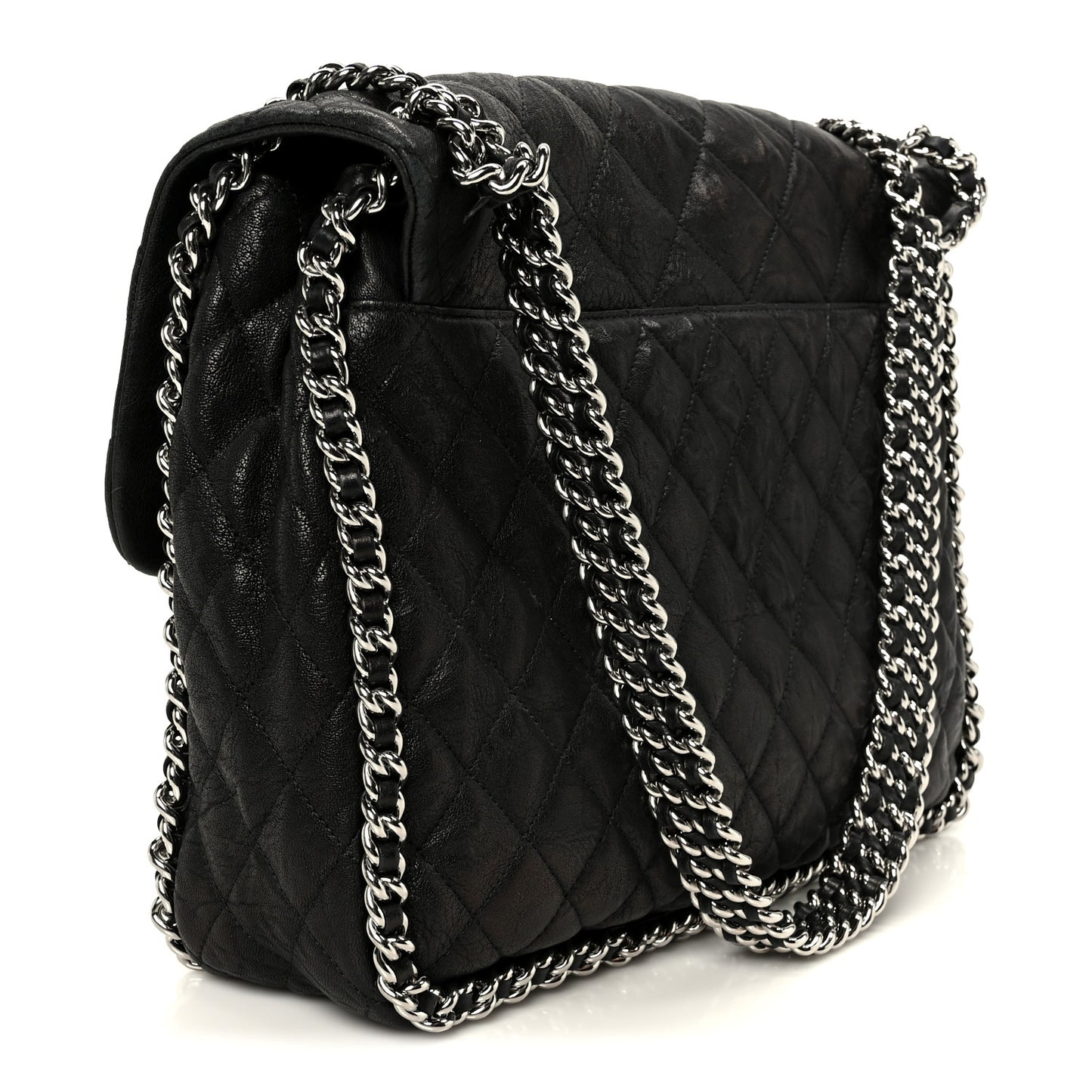 Washed Lambskin Quilted Maxi Chain Around Flap Black