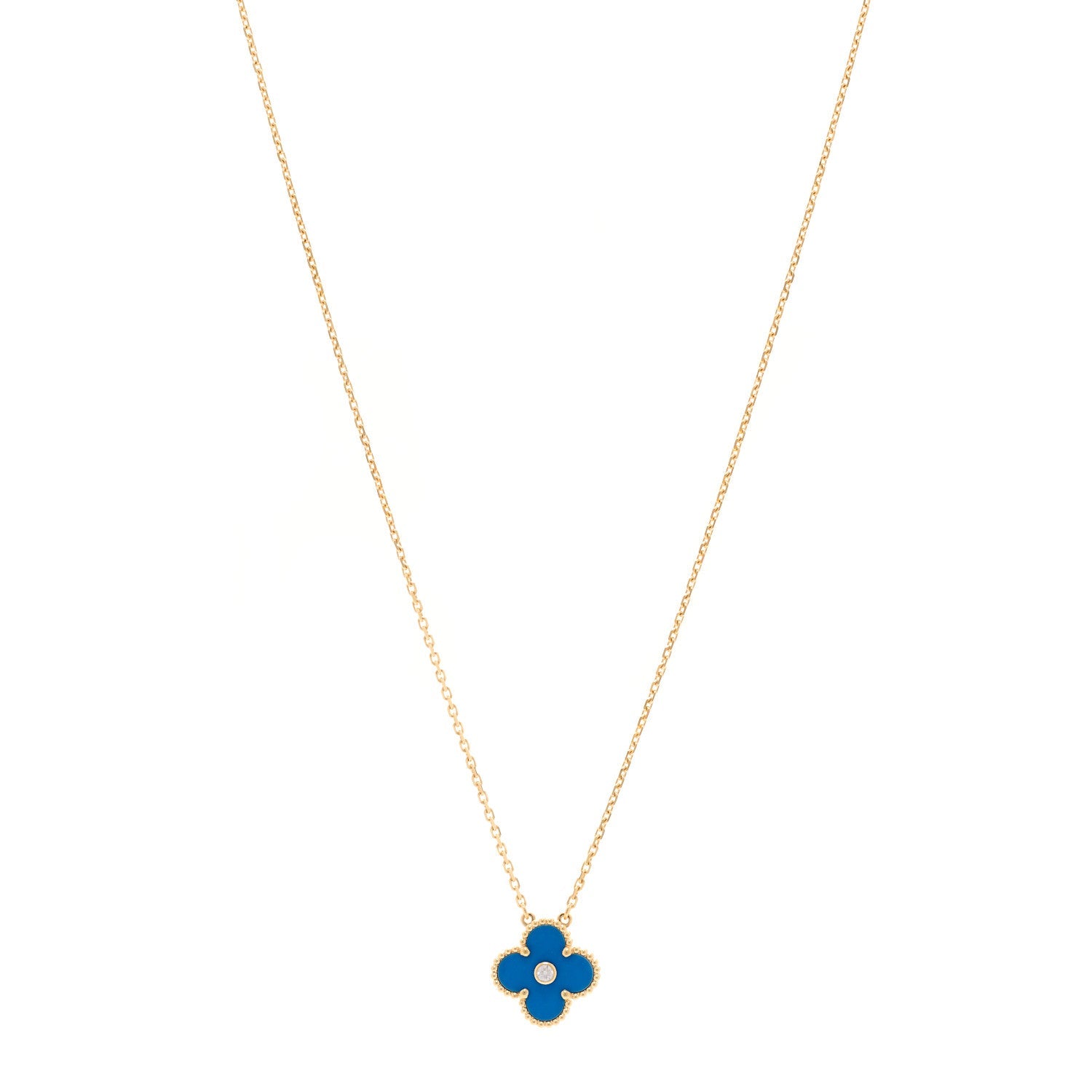 Van Cleef & Arpels 18K Yellow Gold Diamond Celestial Blue Sevres Porcelain Vintage Alhambra Pendant Necklace 1 of 5