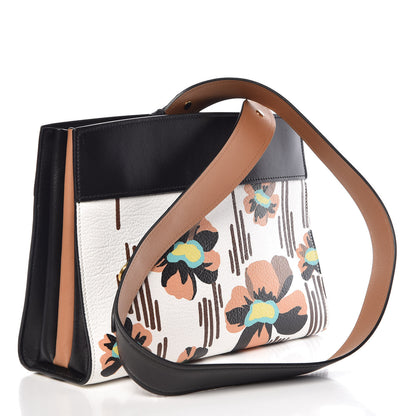 Prada Goatskin Floral Print Bibliotheque Shoulder Bag White Black 3 of 9