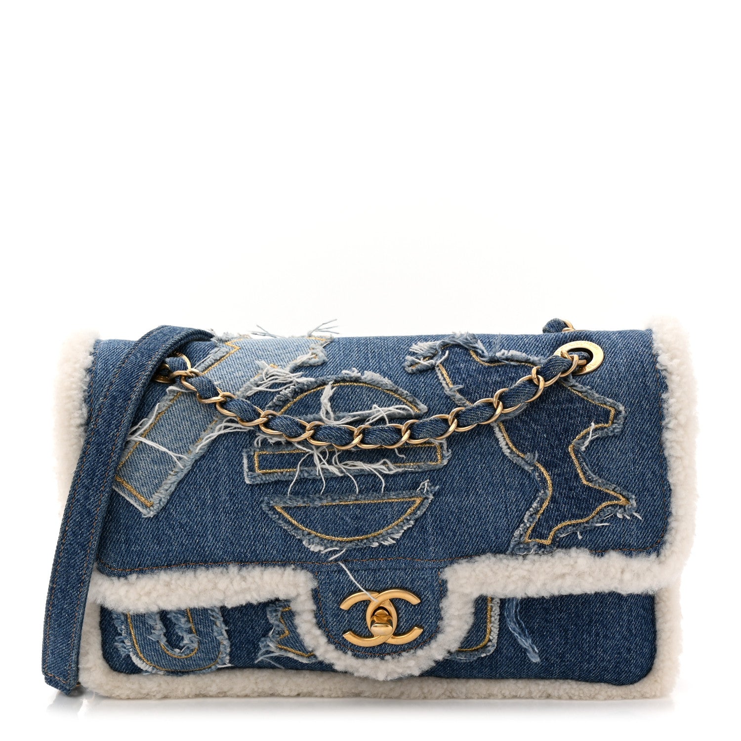 Chanel Denim Shearling Hieroglyph Flap Blue 1 of 11