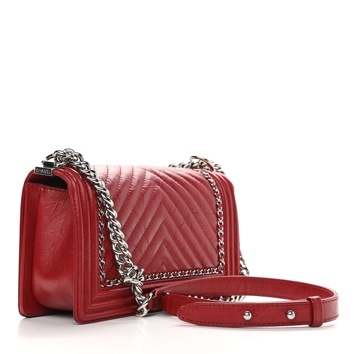 Chanel Aged Calfskin Chevron Quilted Medium Jacket Boy Flap Red 3 of 11