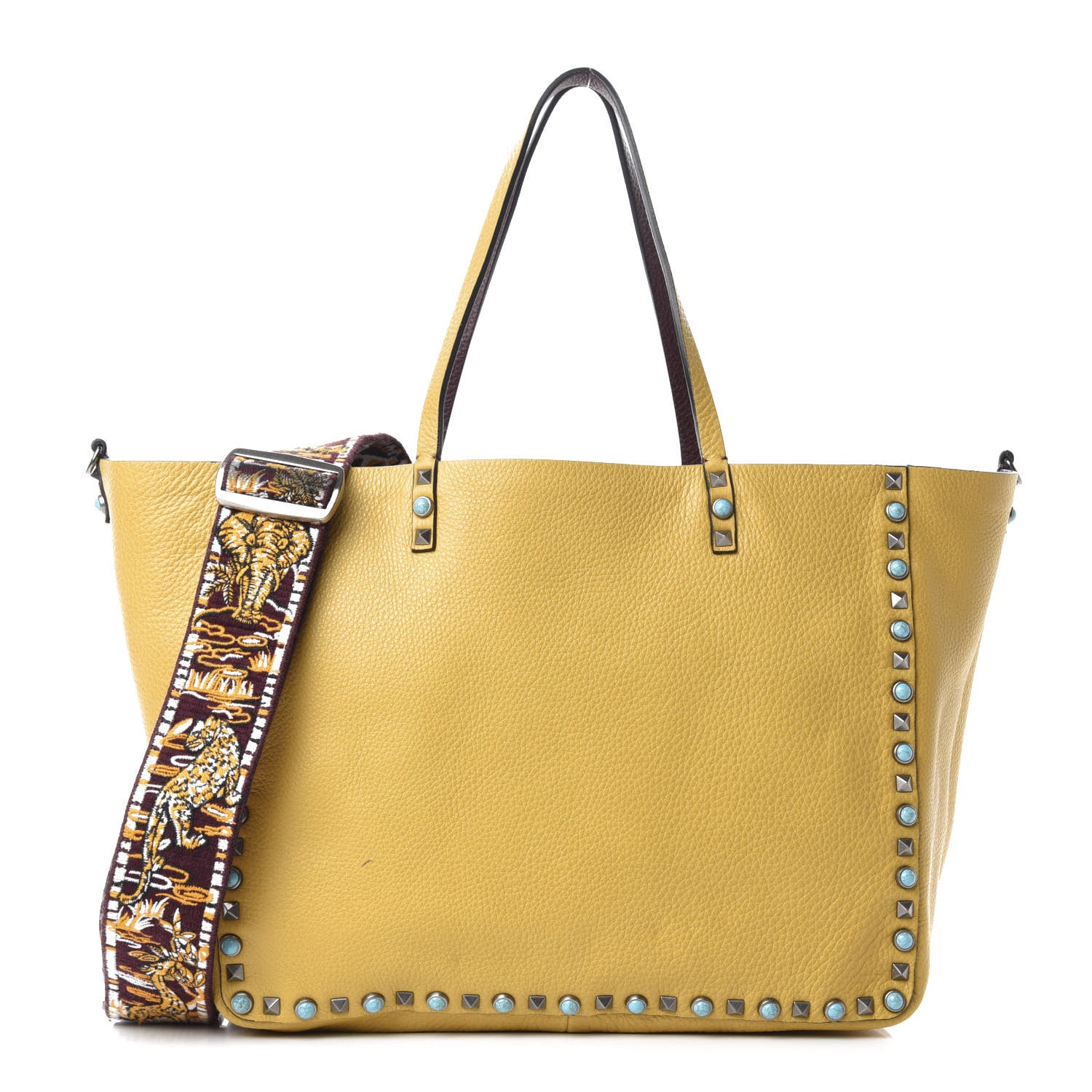 Valentino Garavani Stampa Alce Calfskin Medium Guitar Strap Rockstud Rolling Reversible Tote Wine Yellow 10 of 18