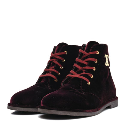 Chanel Velvet CC Lace Up Boots 41.5 Burgundy 3 of 10