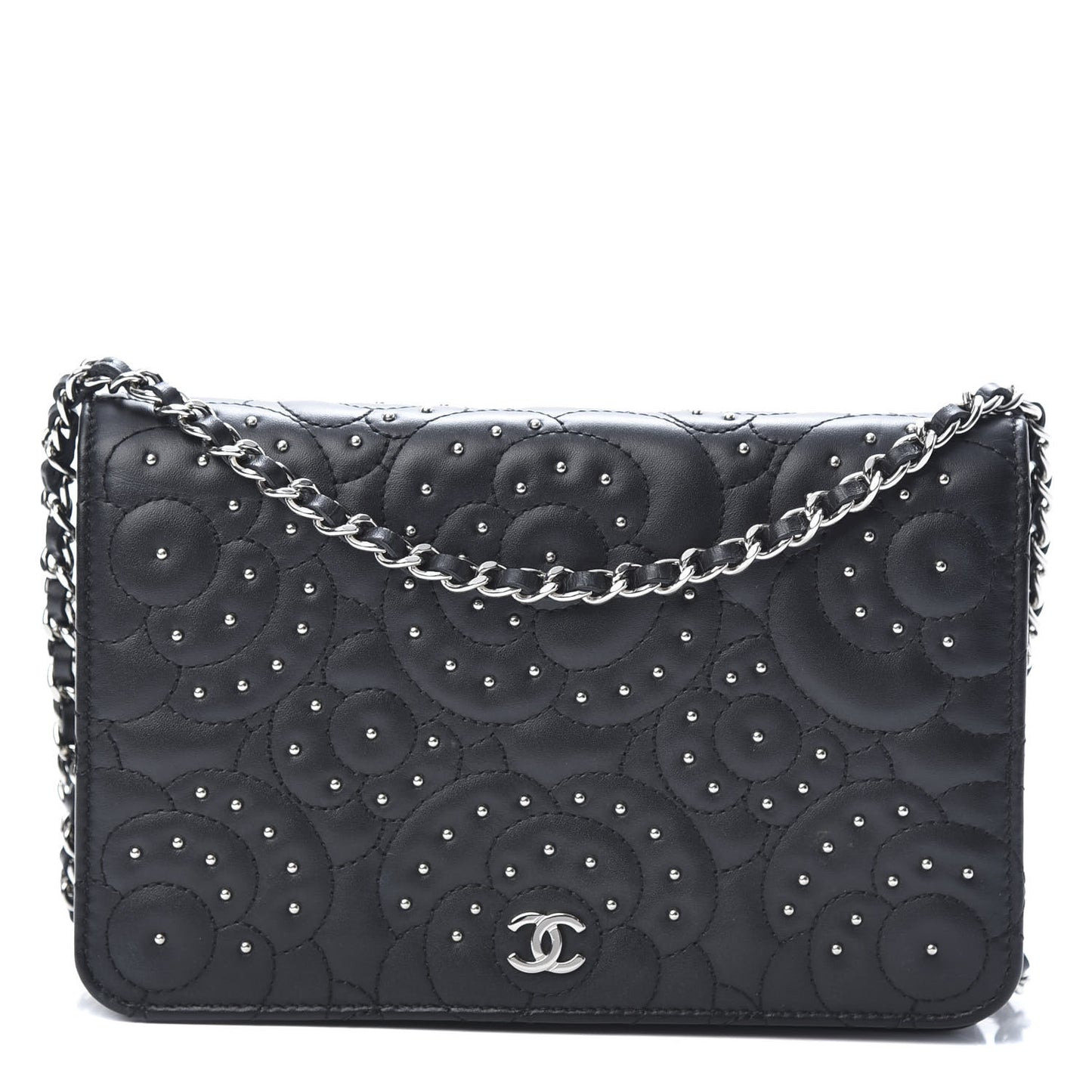 Lambskin Camellia Studded Wallet on Chain WOC Black