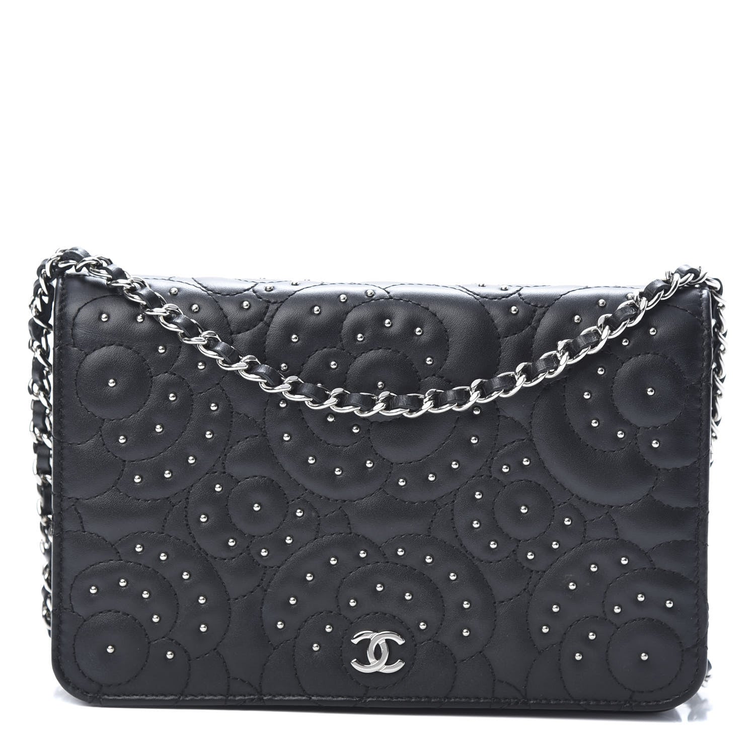 Chanel Lambskin Camellia Studded Wallet on Chain WOC Black 1 of 15