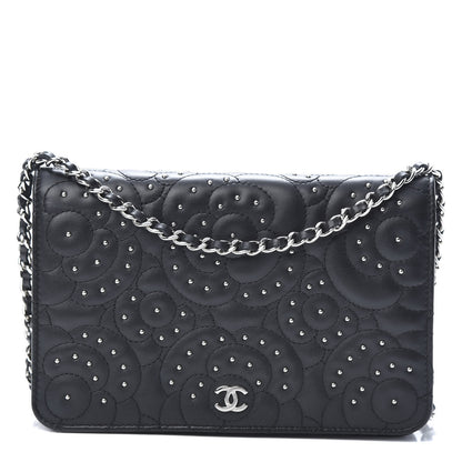 Chanel Lambskin Camellia Studded Wallet on Chain WOC Black 1 of 15