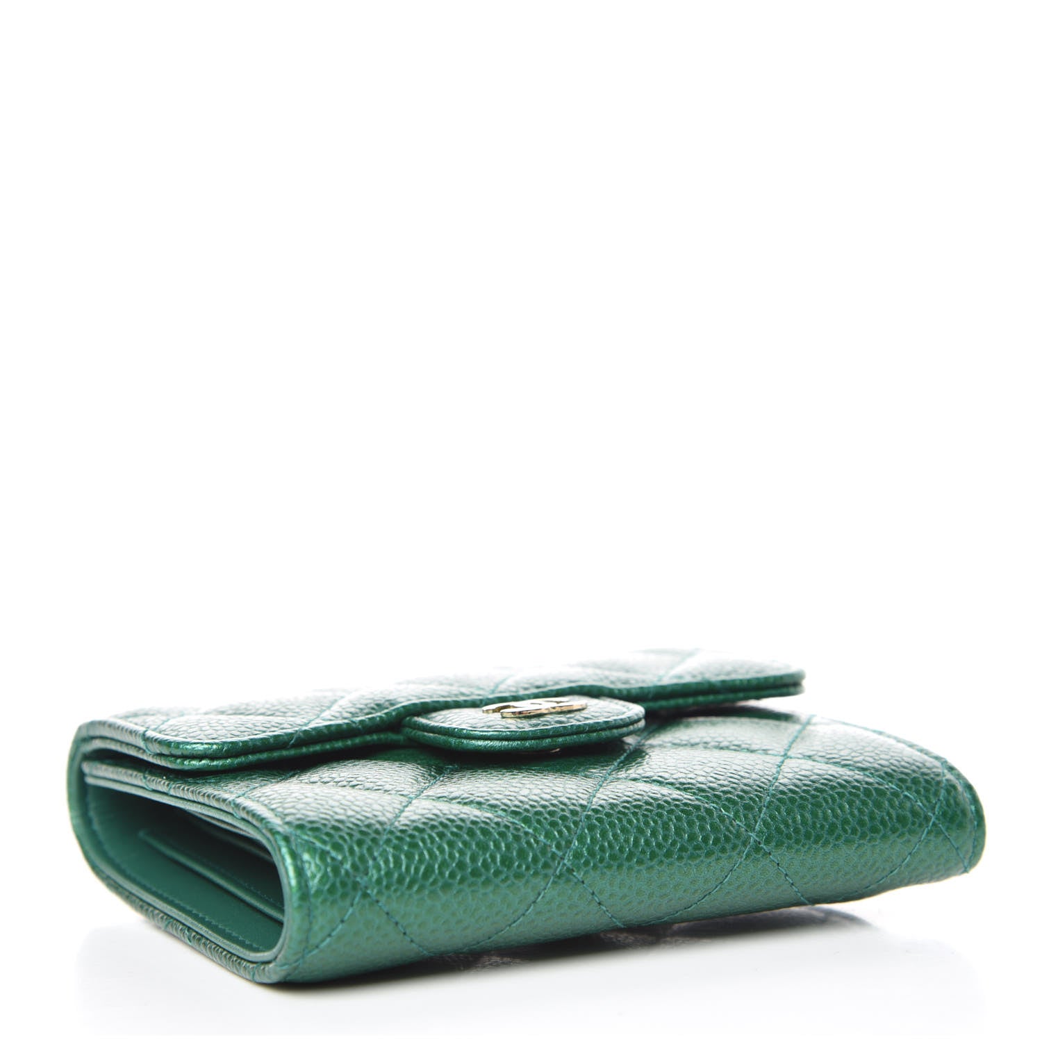 Chanel Metallic Caviar Quilted Compact Flap Wallet Green 3 of 9