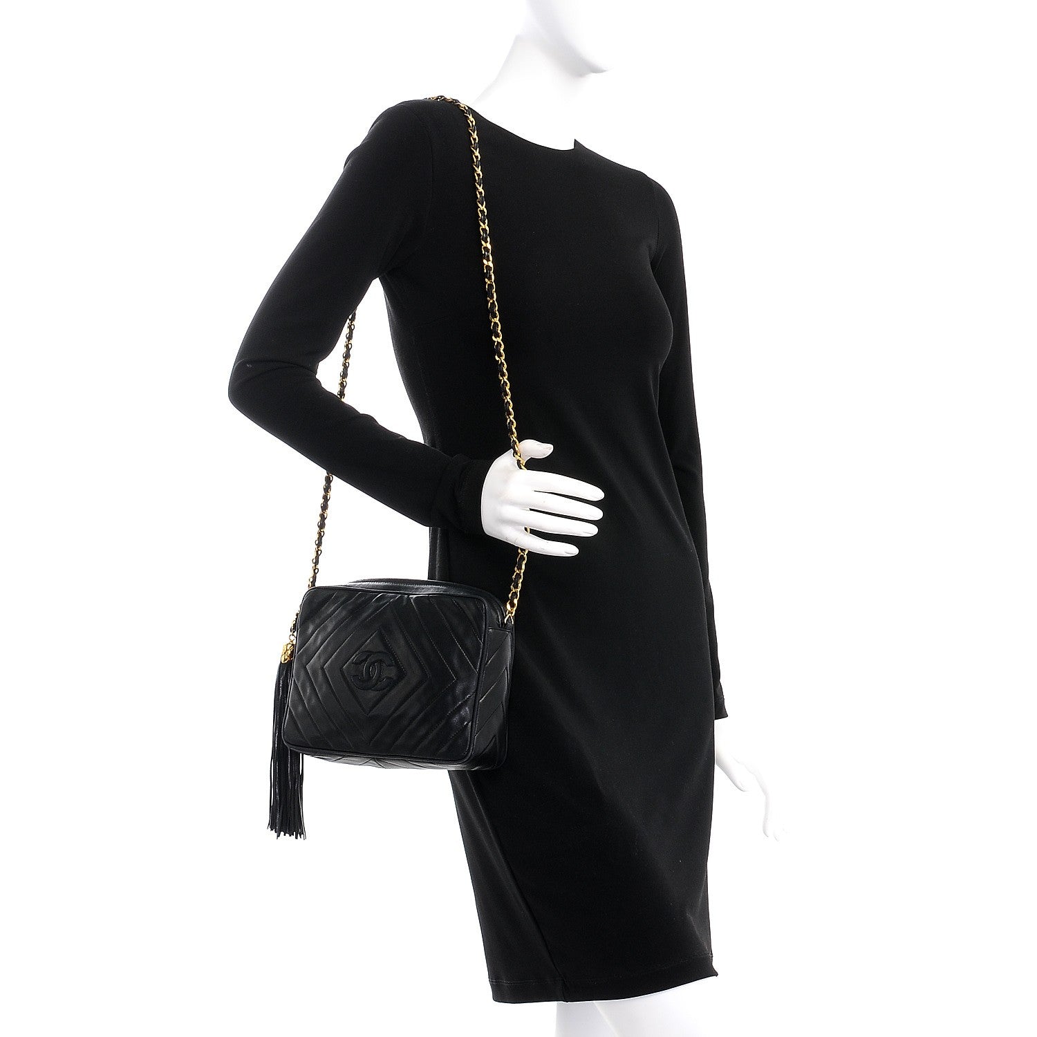 Chanel Lambskin Chevron Quilted Tassel Camera Case Black 2 of 10
