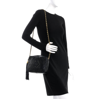 Chanel Lambskin Chevron Quilted Tassel Camera Case Black 2 of 10