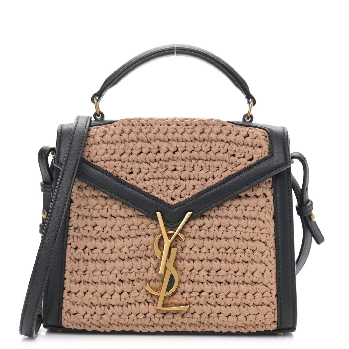 Raffia Calfskin Mini Classic Monogram Cassandra Top Handle Black Natural