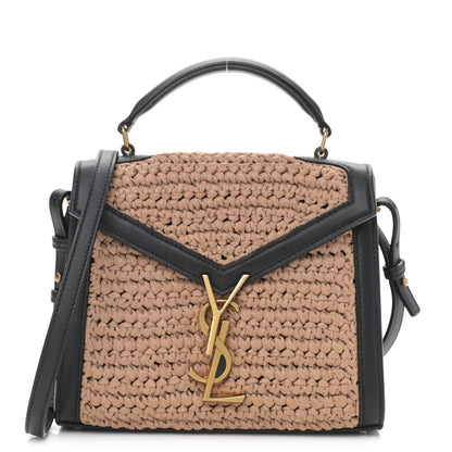 Saint Laurent Raffia Calfskin Mini Classic Monogram Cassandra Top Handle Black Natural 1 of 11