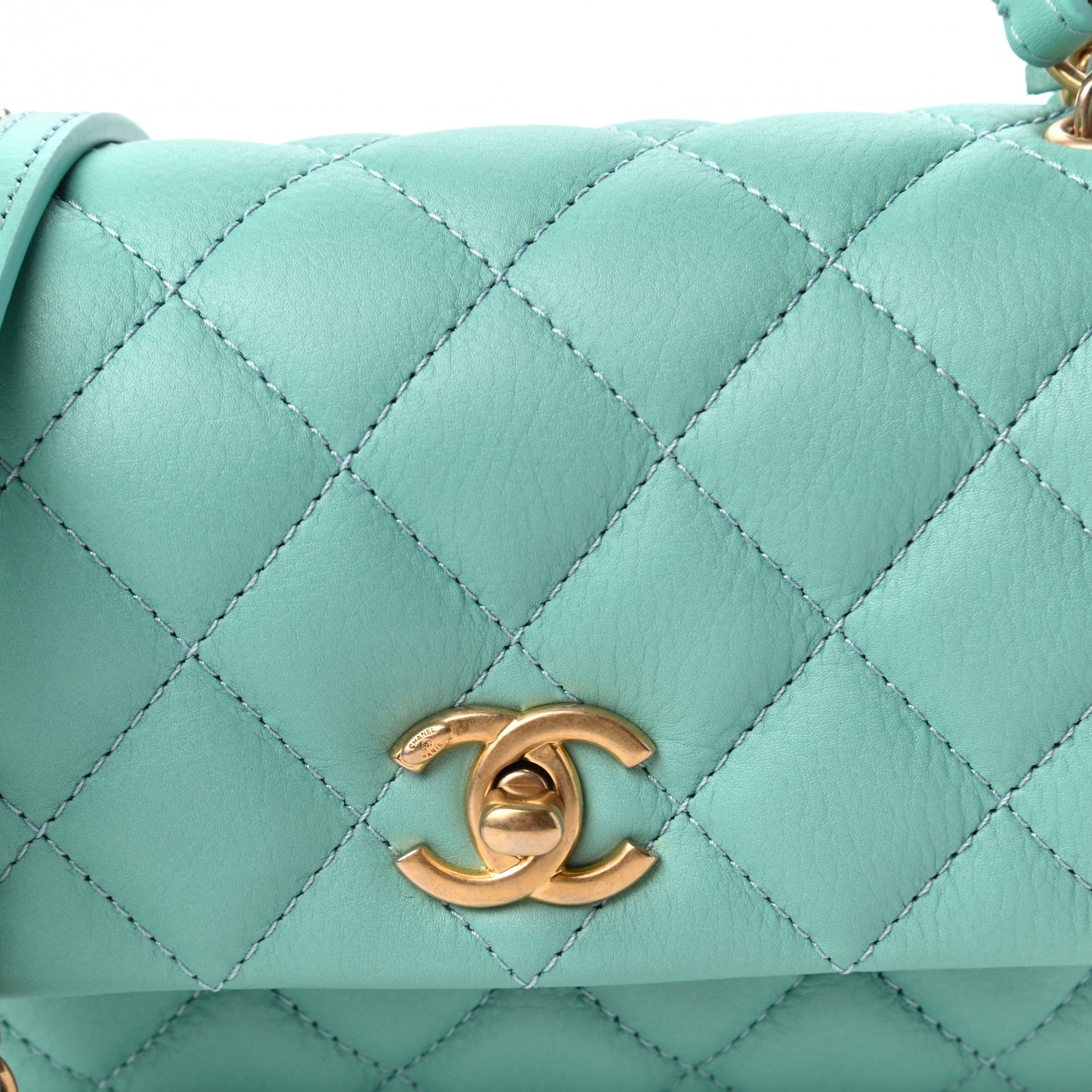 Calfskin Quilted Top Handle Flap Light Blue