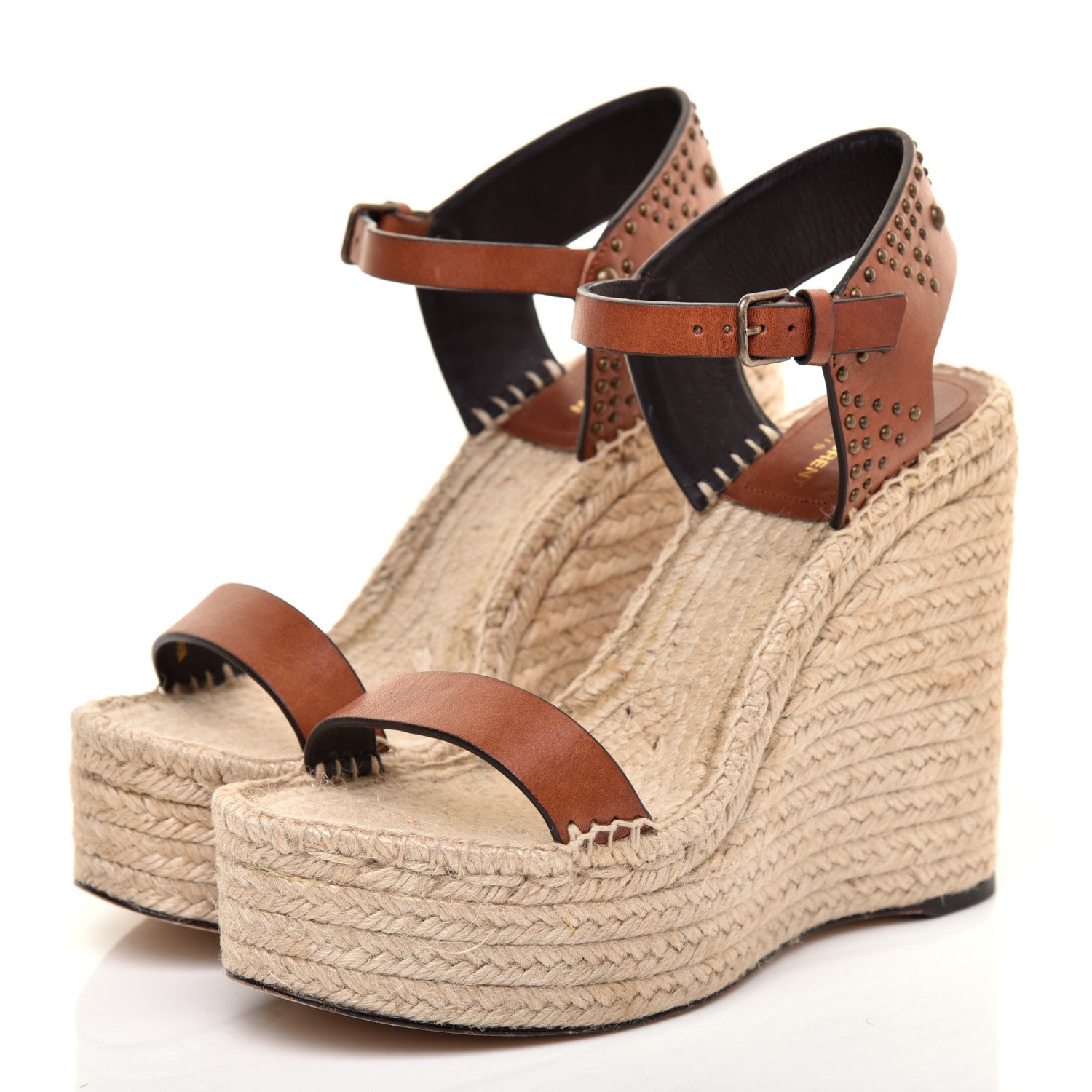 Saint Laurent Calfskin Studded Espadrille 105 Wedges 38 Brown 3 of 8