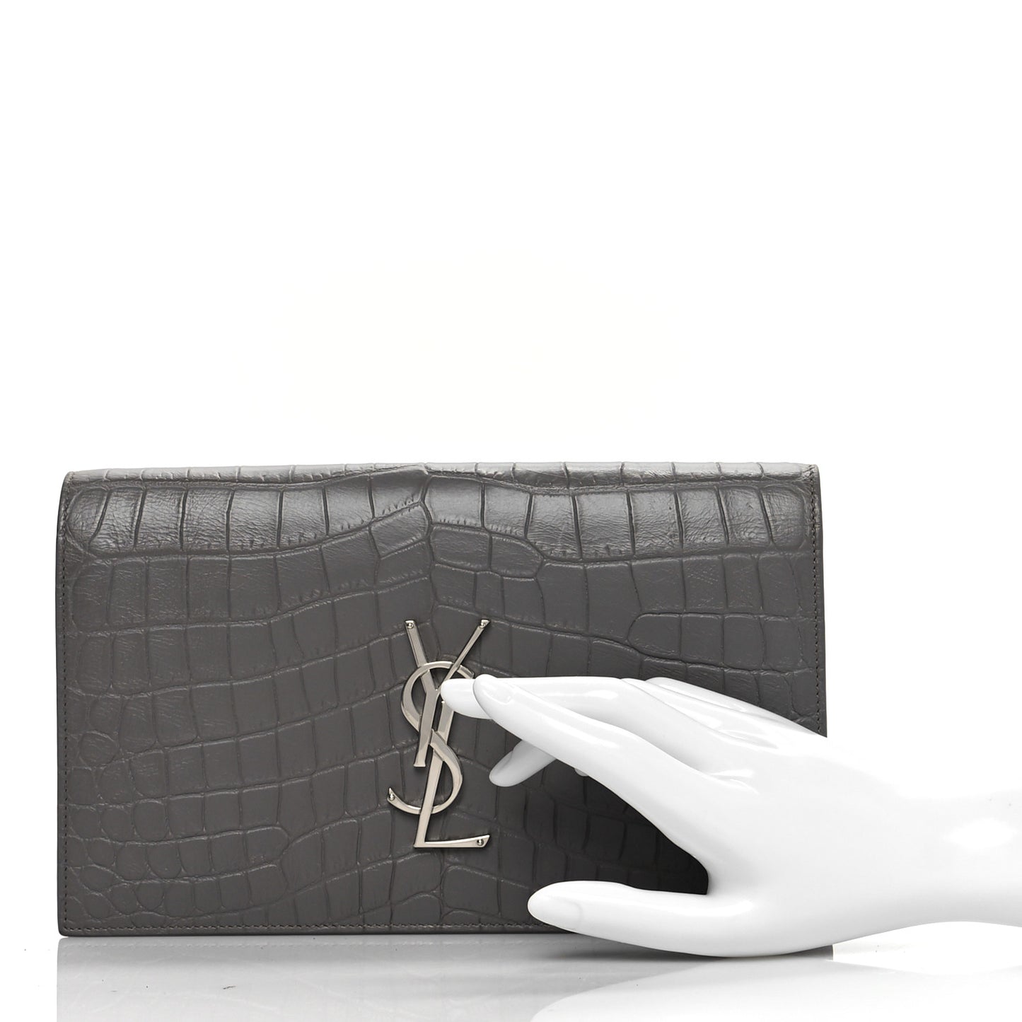 Croc Embossed Calfskin Classic Kate Monogram Clutch Fog