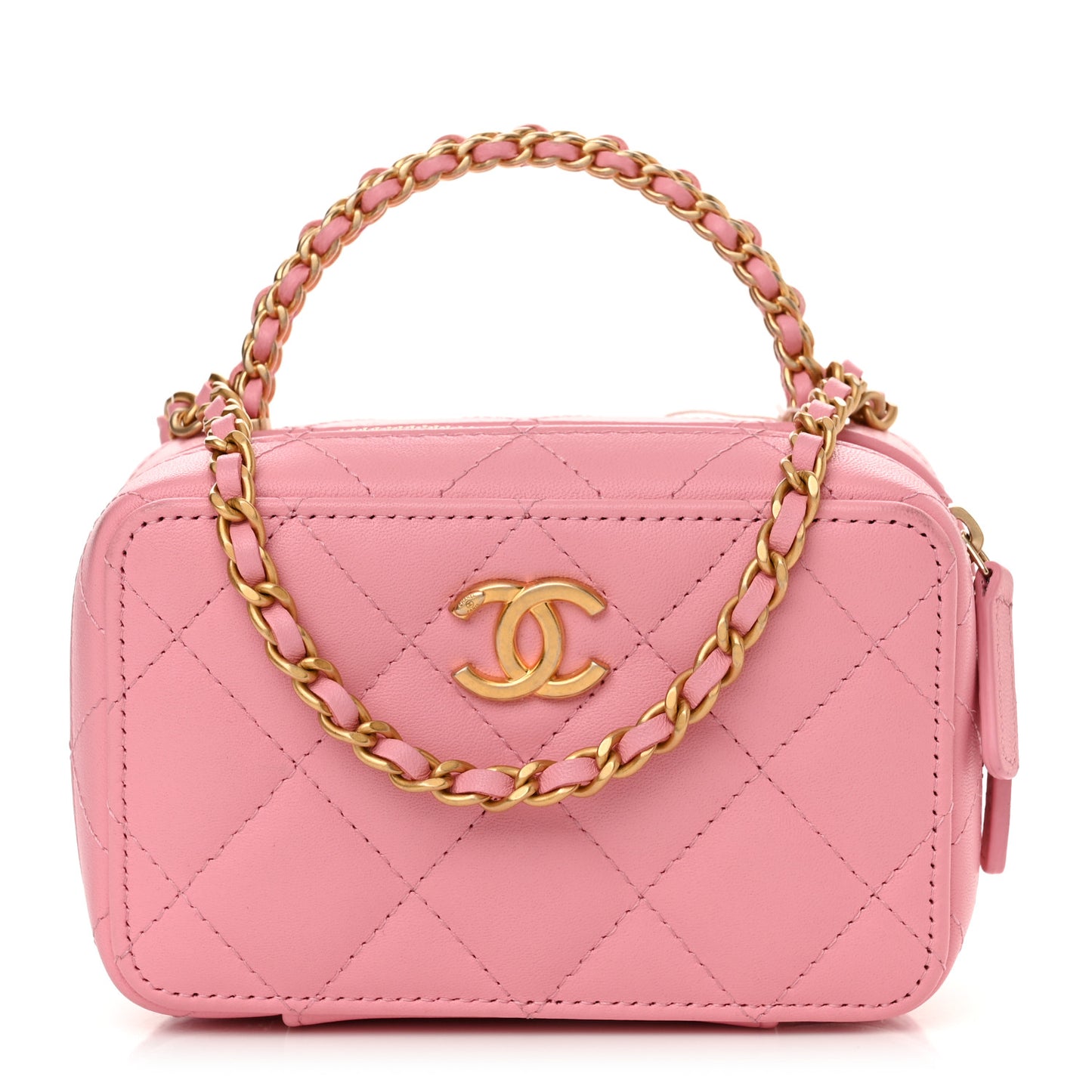 Lambskin Quilted Chain Top Handle Vanity Case Light Pink