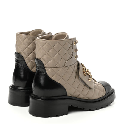 Chanel Calfskin Shiny Calfskin Quilted Lace Up Combat Boots 37.5 Dark Beige Black 4 of 9