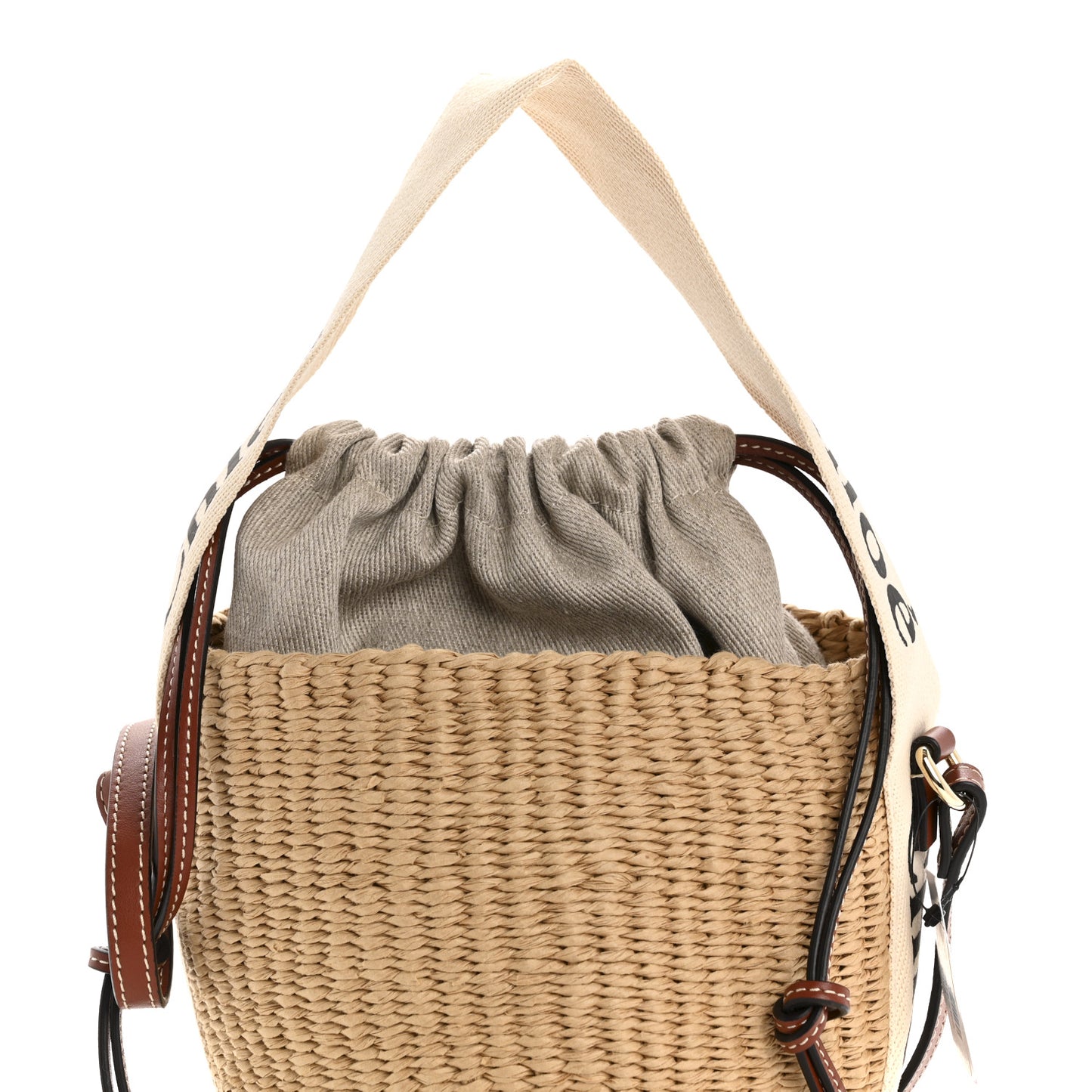 X MIFUKO Raffia Calfskin Small Woody Basket Shoulder Bag Beige Brown