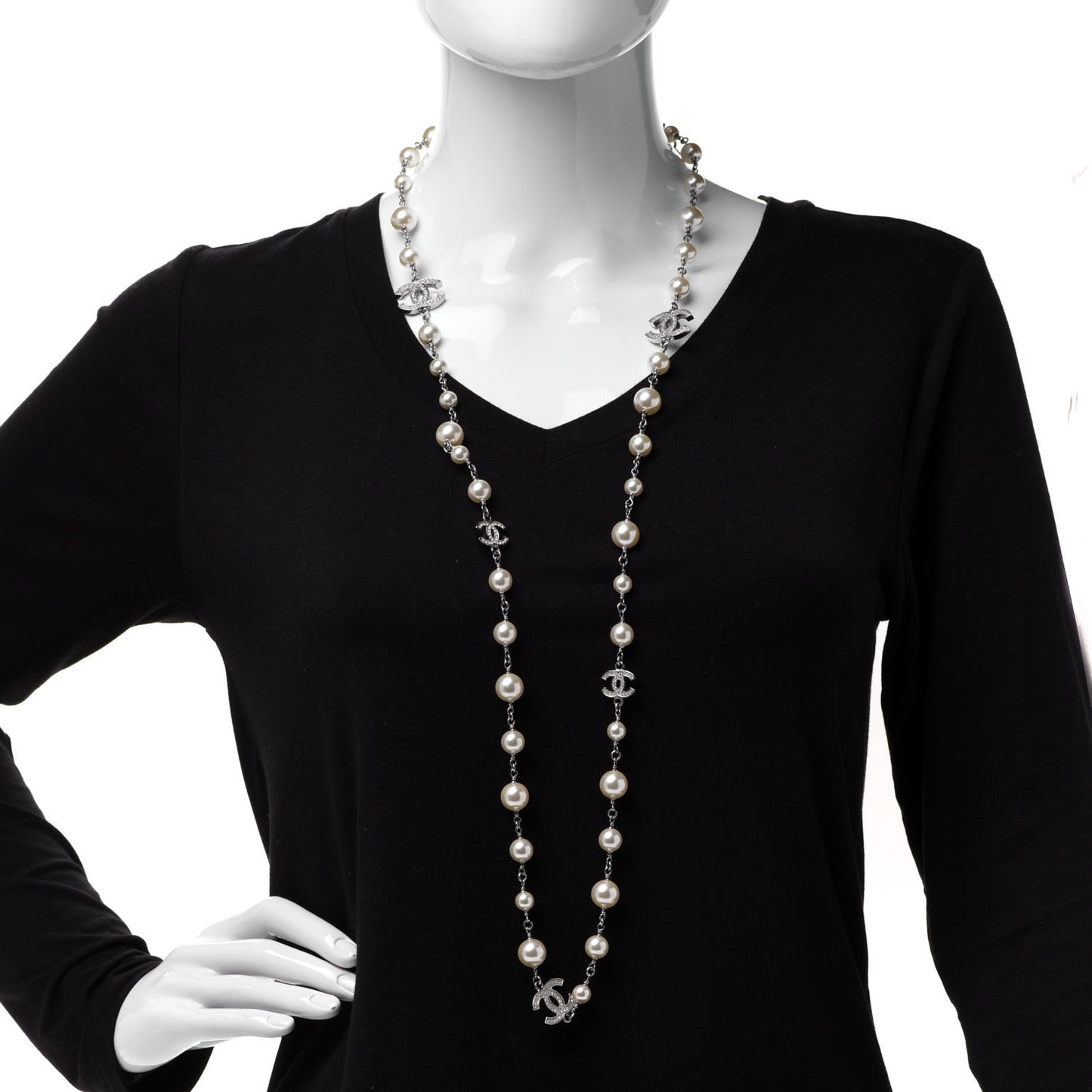 Crystal Pearl CC Long Necklace Silver