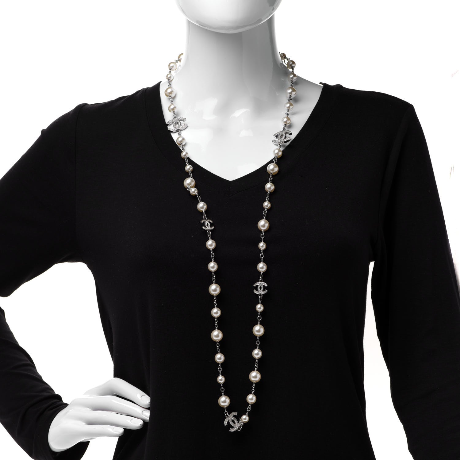 Chanel Crystal Pearl CC Long Necklace Silver 2 of 6