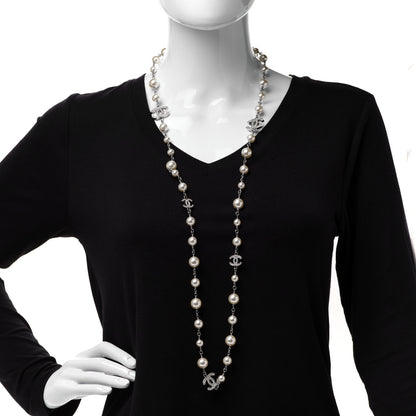 Chanel Crystal Pearl CC Long Necklace Silver 2 of 6