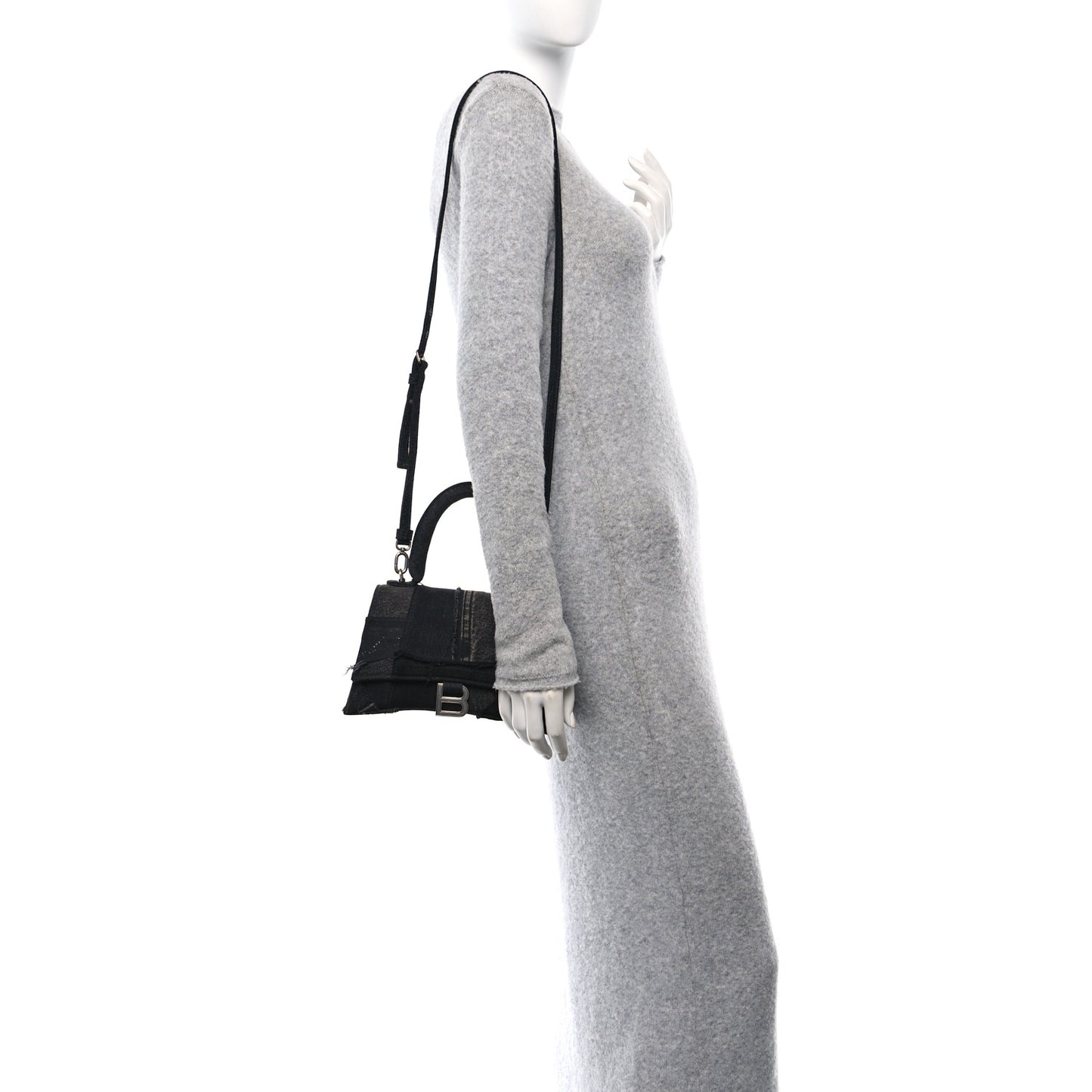 Denim Patchwork Small Hourglass Top Handle Bag Washed Black